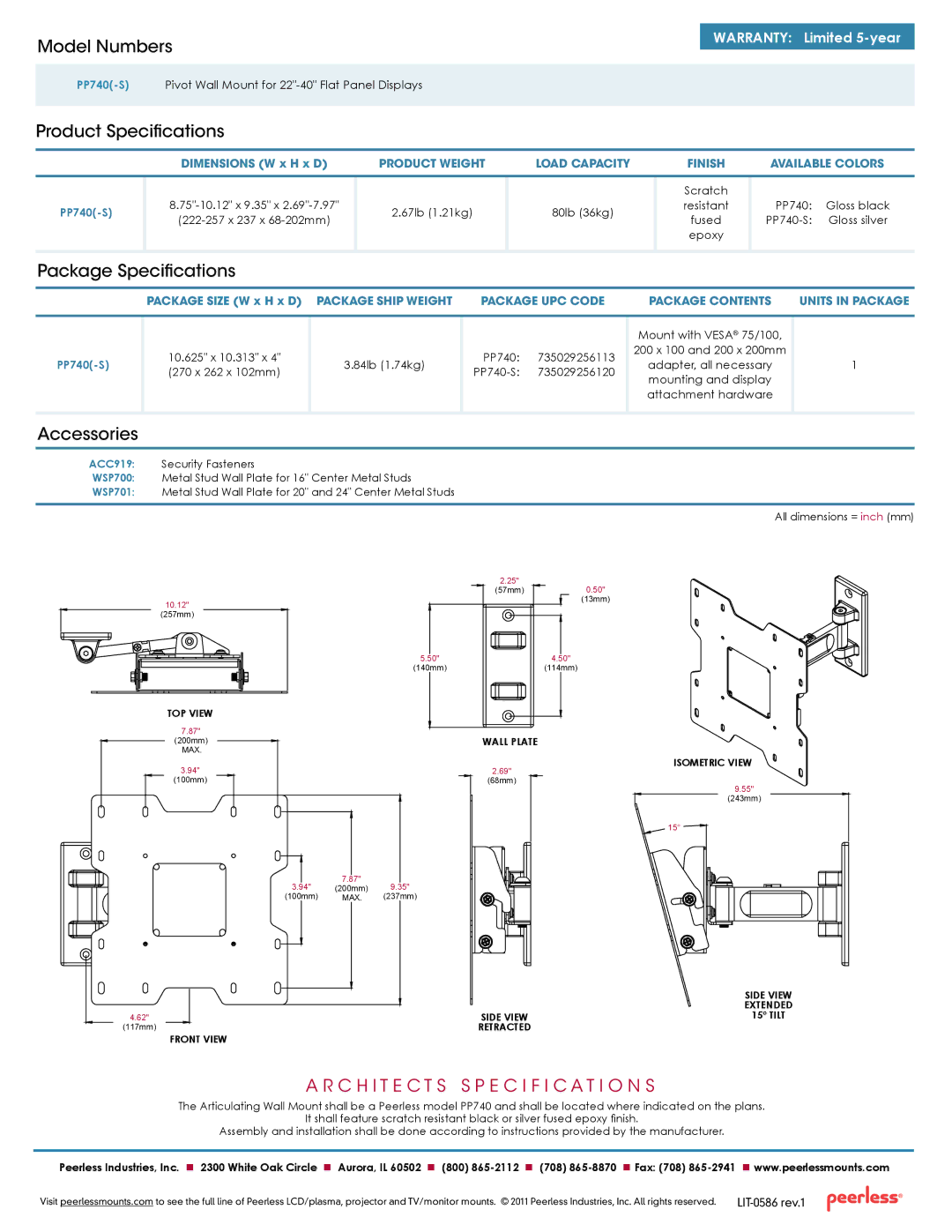 Peerless Industries PP740(-S) manual Model Numbers, Product Specifications, Package Specifications, Accessories 