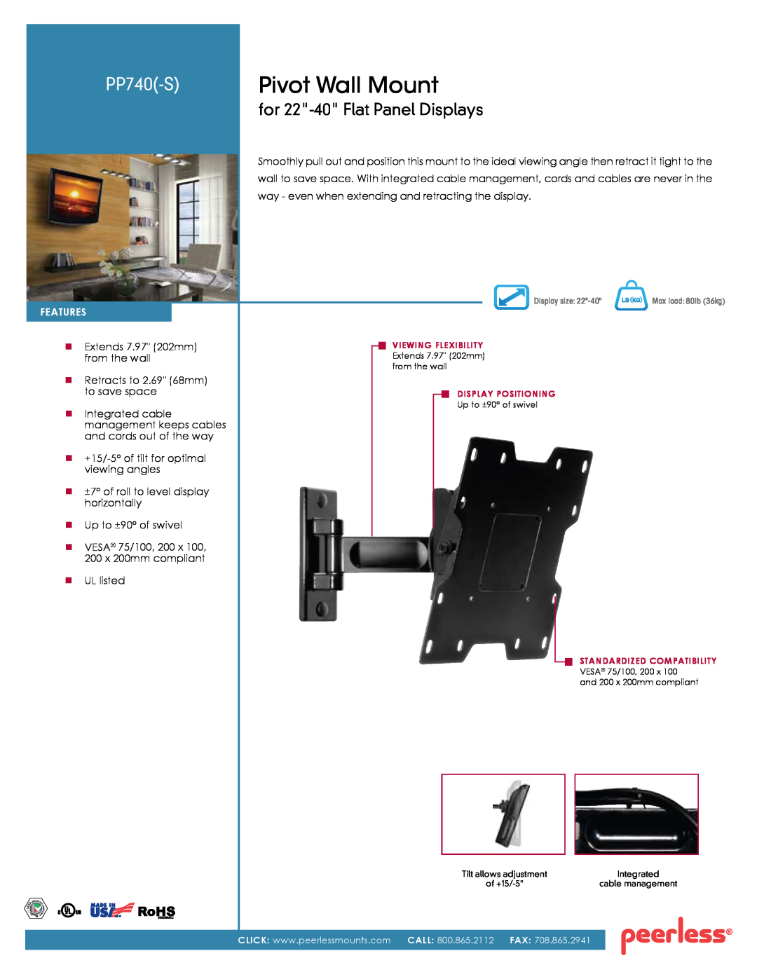 Peerless Industries PP740(-S) manual Pivot Wall Mount, PP740-S, for 22-40 Flat Panel Displays, FeatureS 