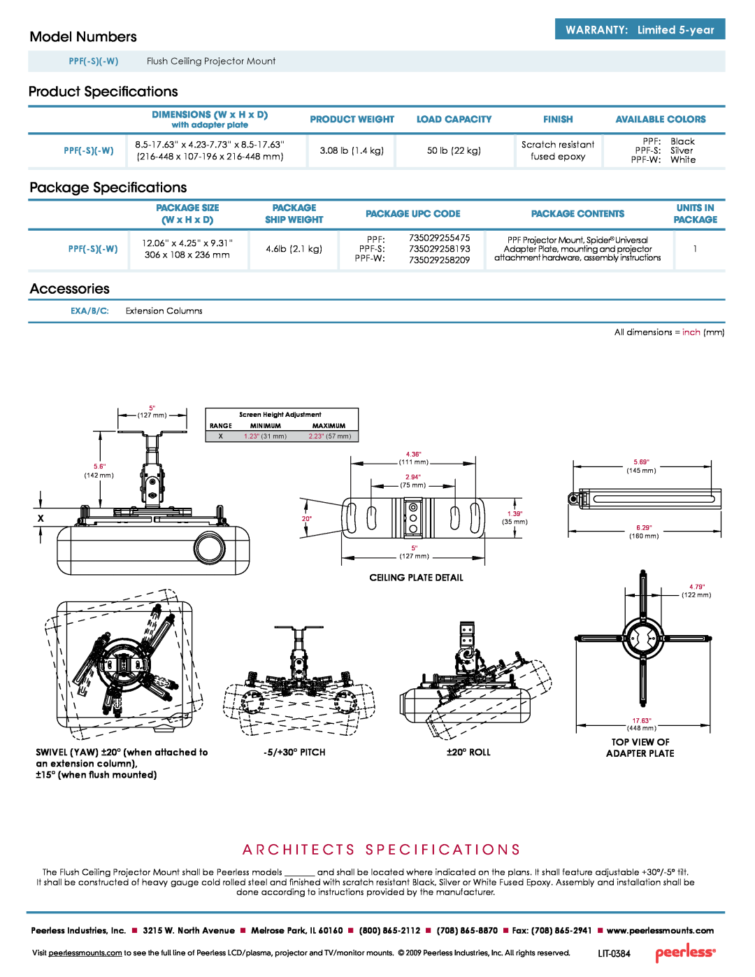Peerless Industries PPF(-S)(-W) Model Numbers, Product Specifications, Package Specifications, Accessories, 5/+30 pItCH 