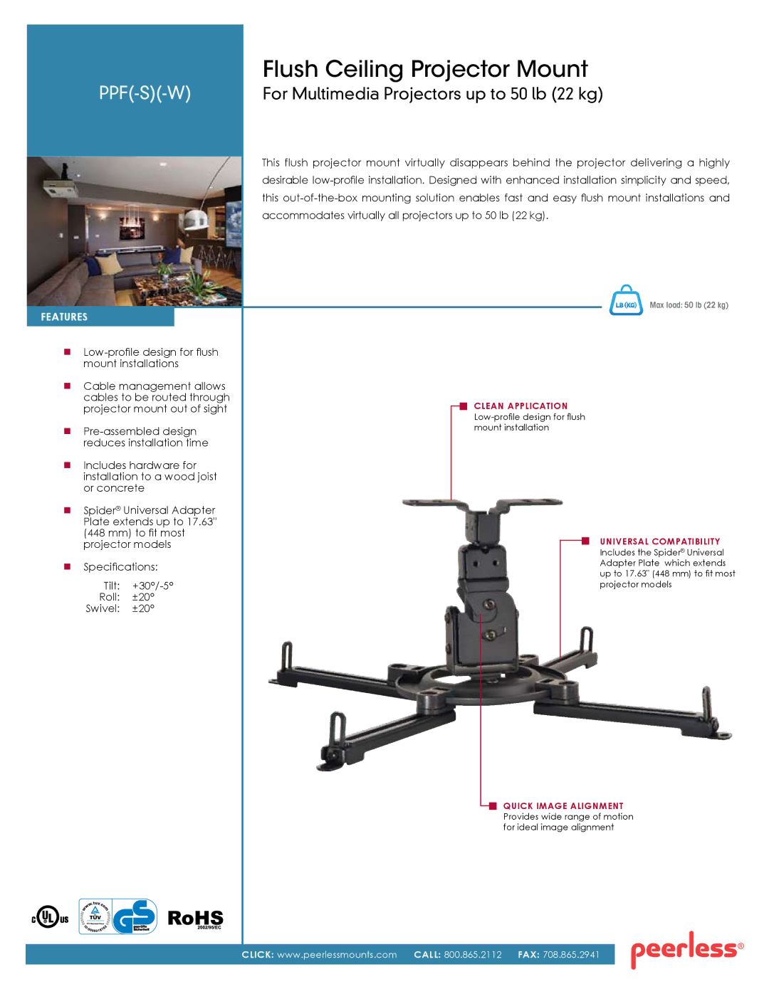 Peerless Industries PPF(-S)(-W) manual Flush Ceiling Projector Mount 