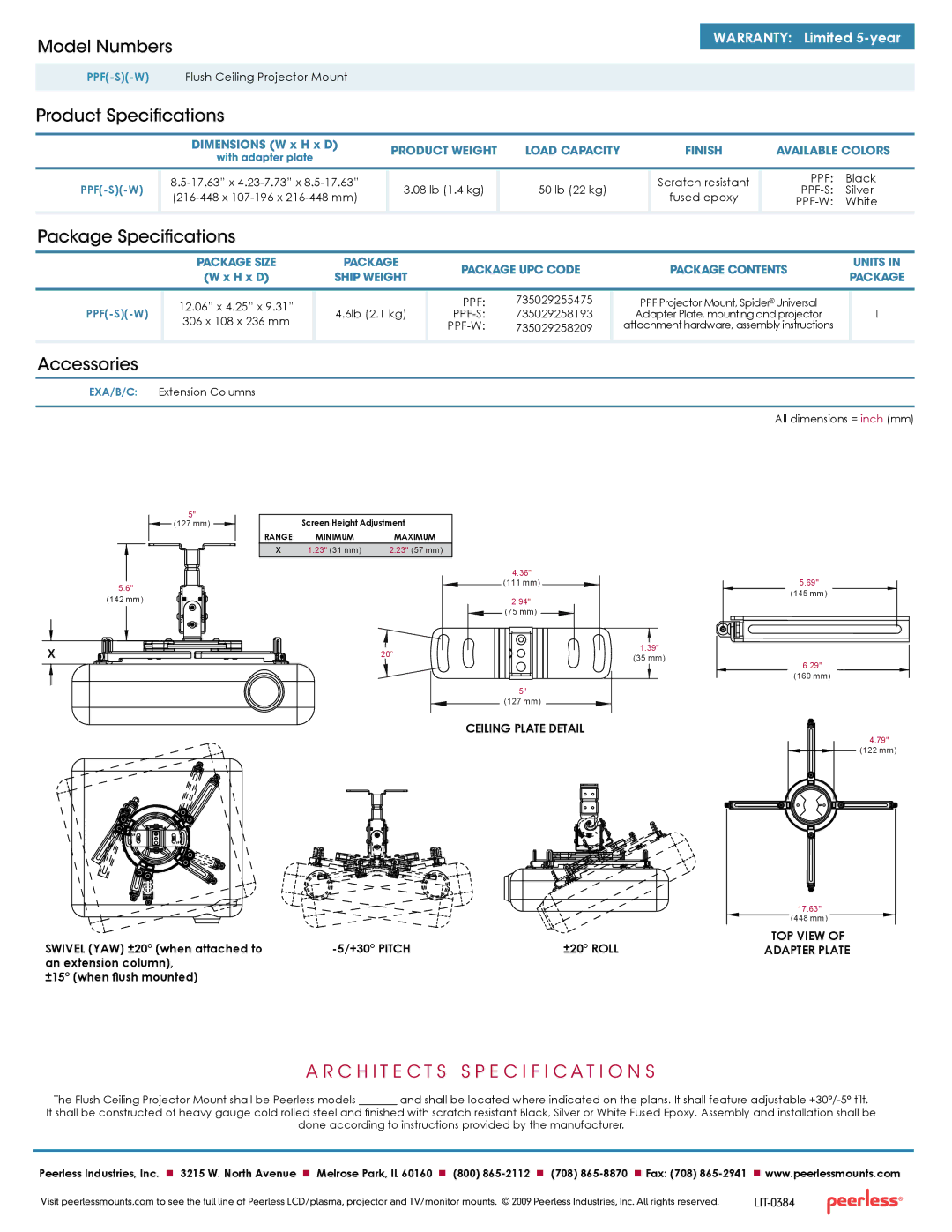 Peerless Industries PPF(-S)(-W) manual Model Numbers, Product Specifications, Package Specifications, Accessories 