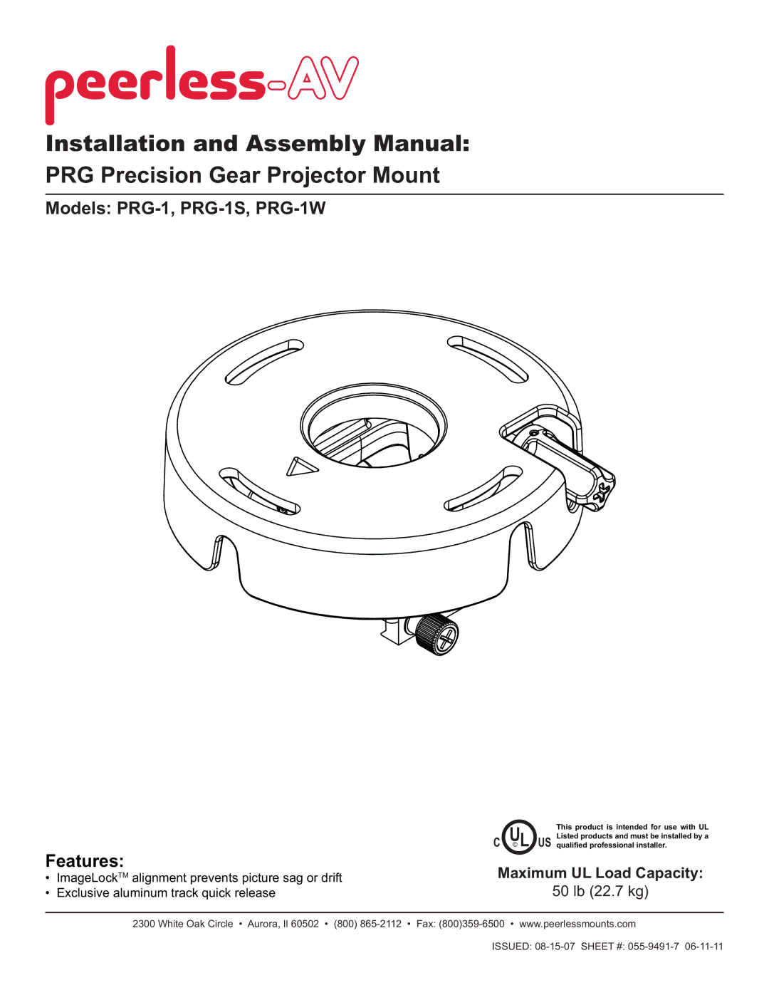 Peerless Industries manual Models PRG-1, PRG-1S, PRG-1W, Features 