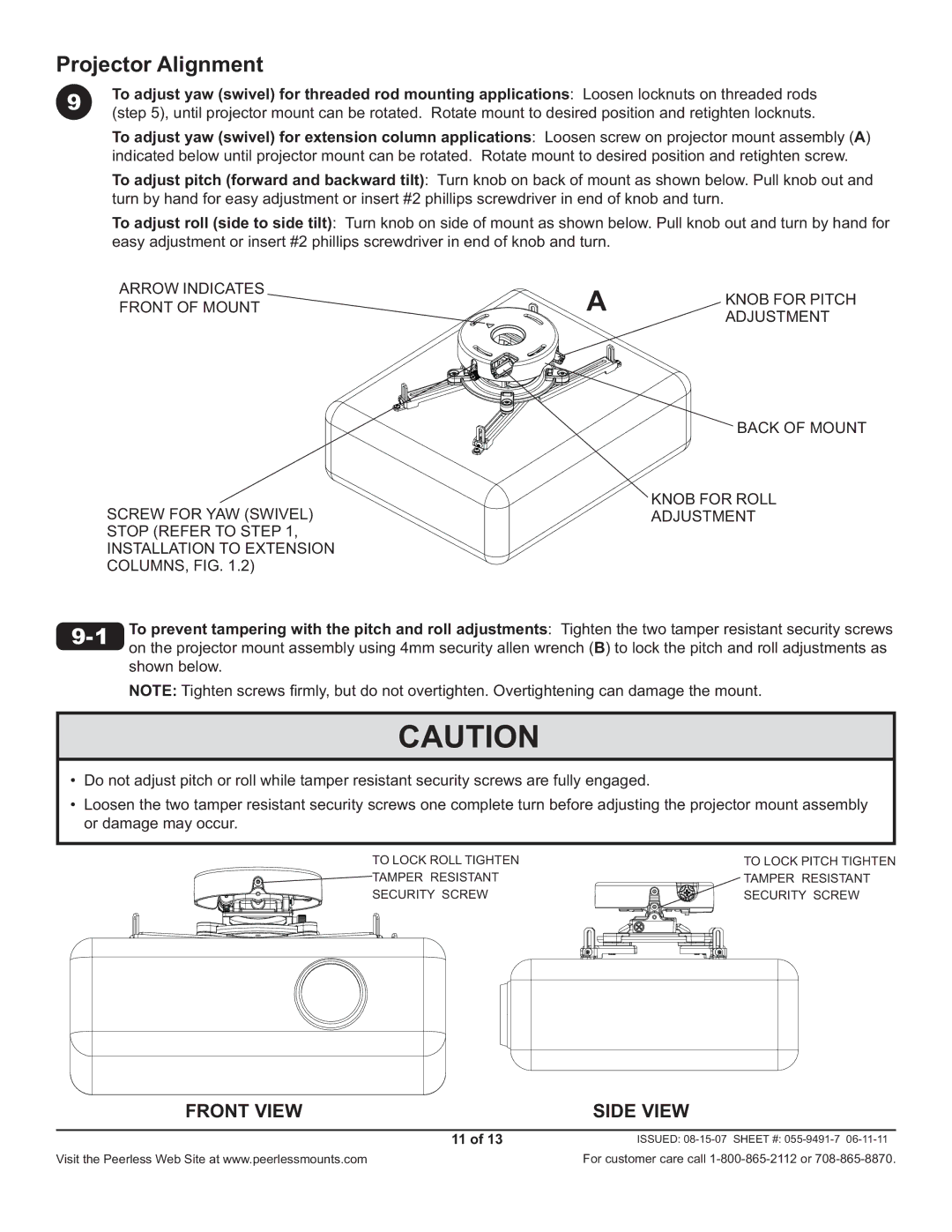 Peerless Industries PRG-1W, PRG-1S manual Projector Alignment 