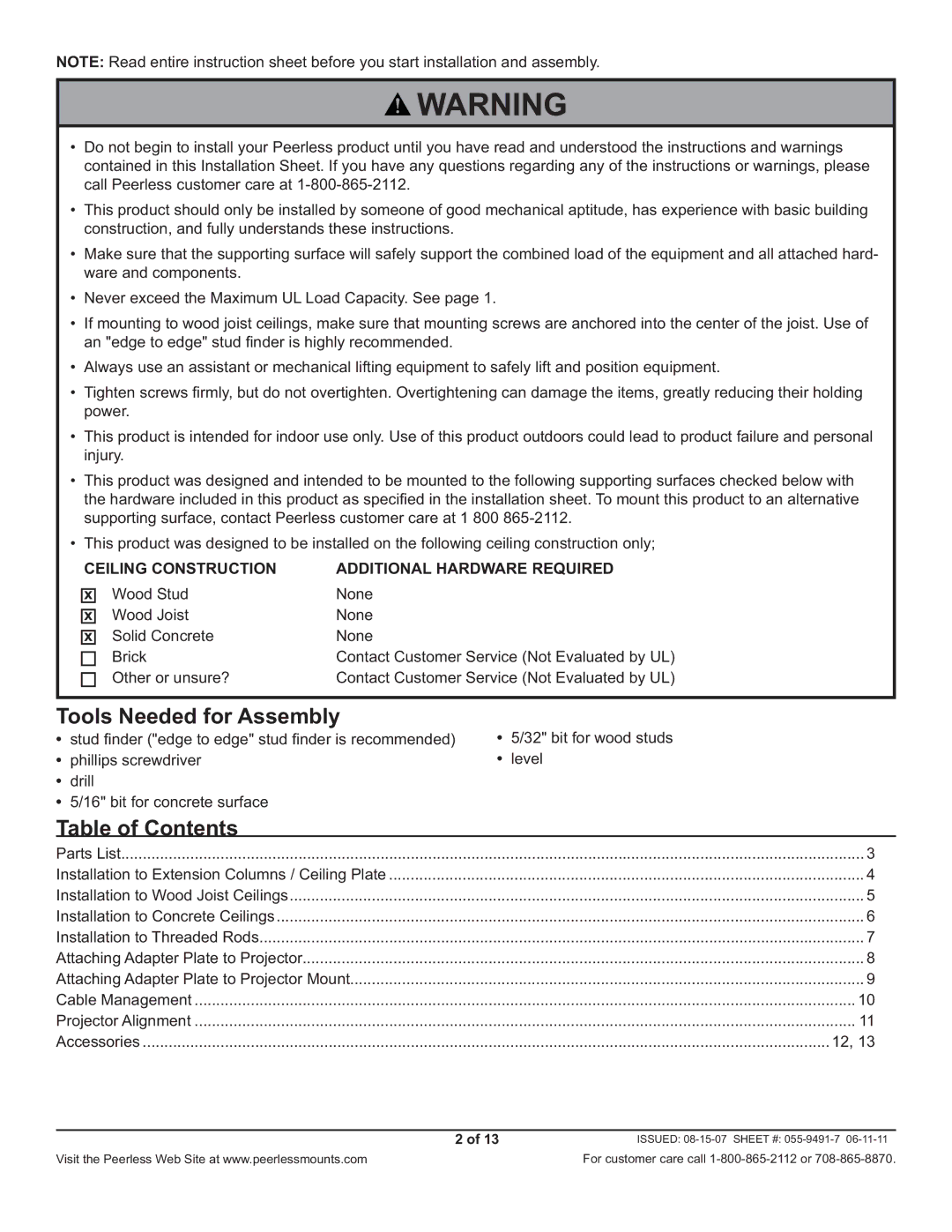 Peerless Industries PRG-1W, PRG-1S manual Tools Needed for Assembly, Table of Contents 