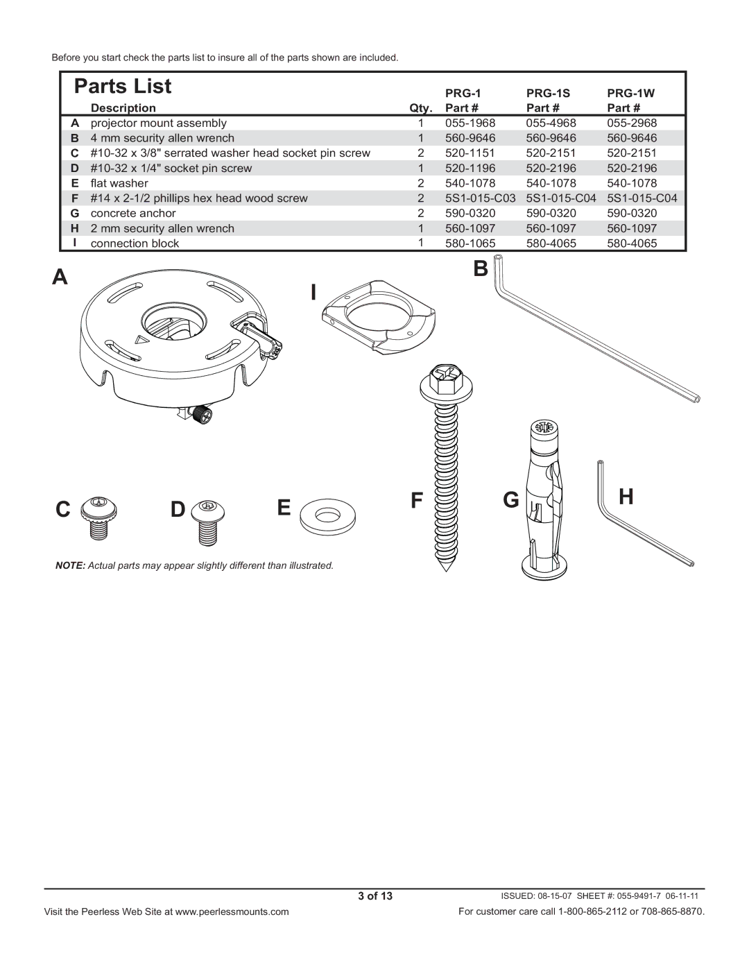 Peerless Industries PRG-1S, PRG-1W manual Parts List 