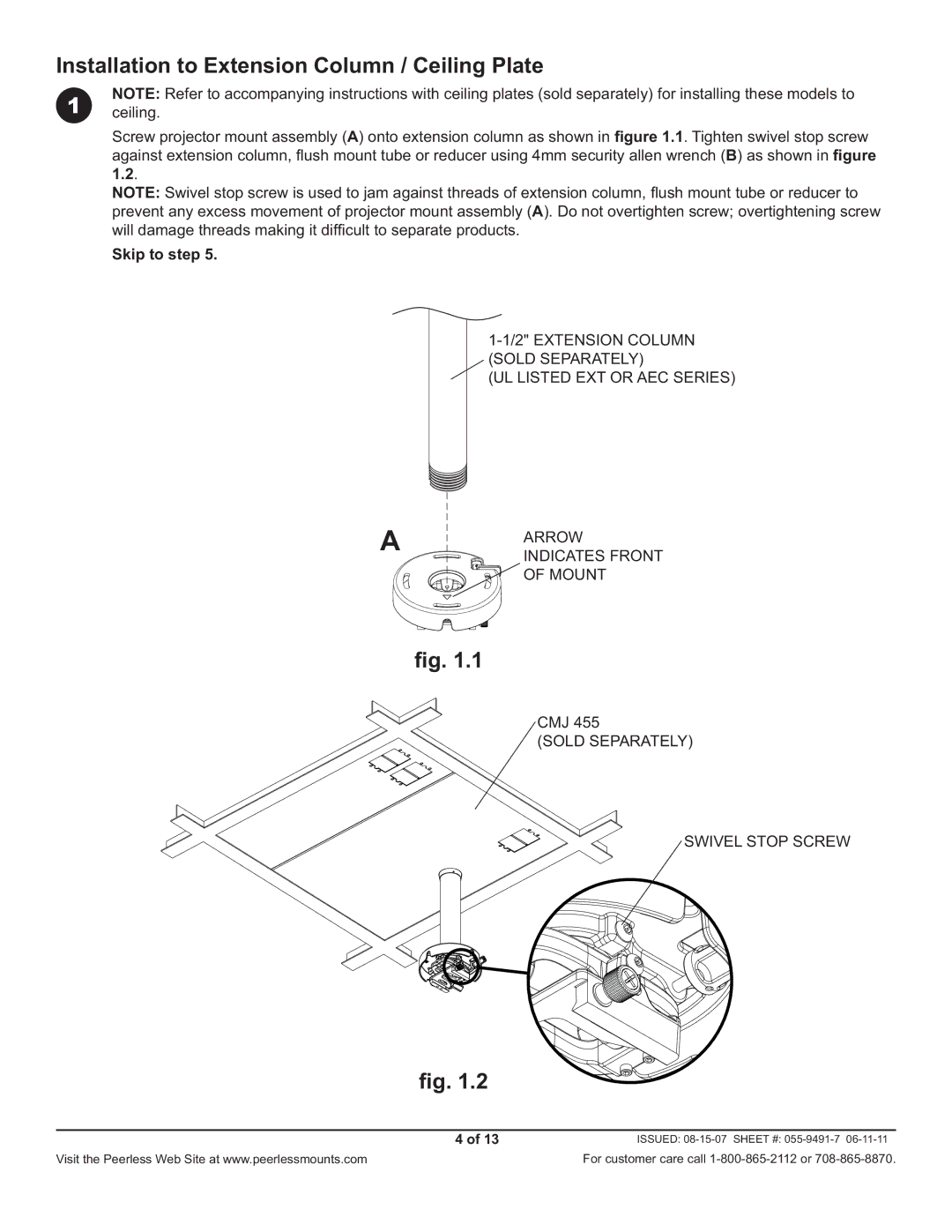 Peerless Industries PRG-1S, PRG-1W manual Installation to Extension Column / Ceiling Plate, Skip to step 