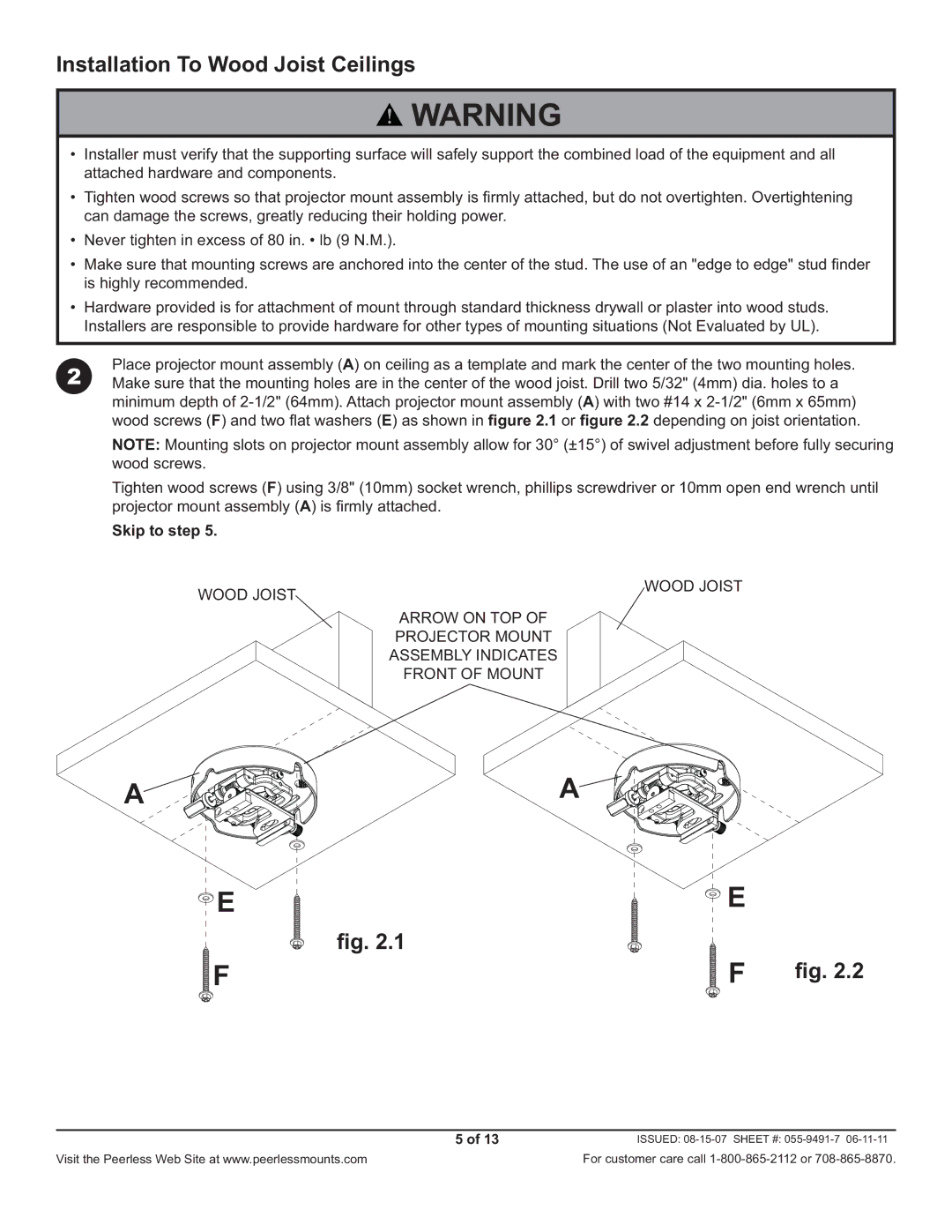 Peerless Industries PRG-1W, PRG-1S manual Installation To Wood Joist Ceilings 