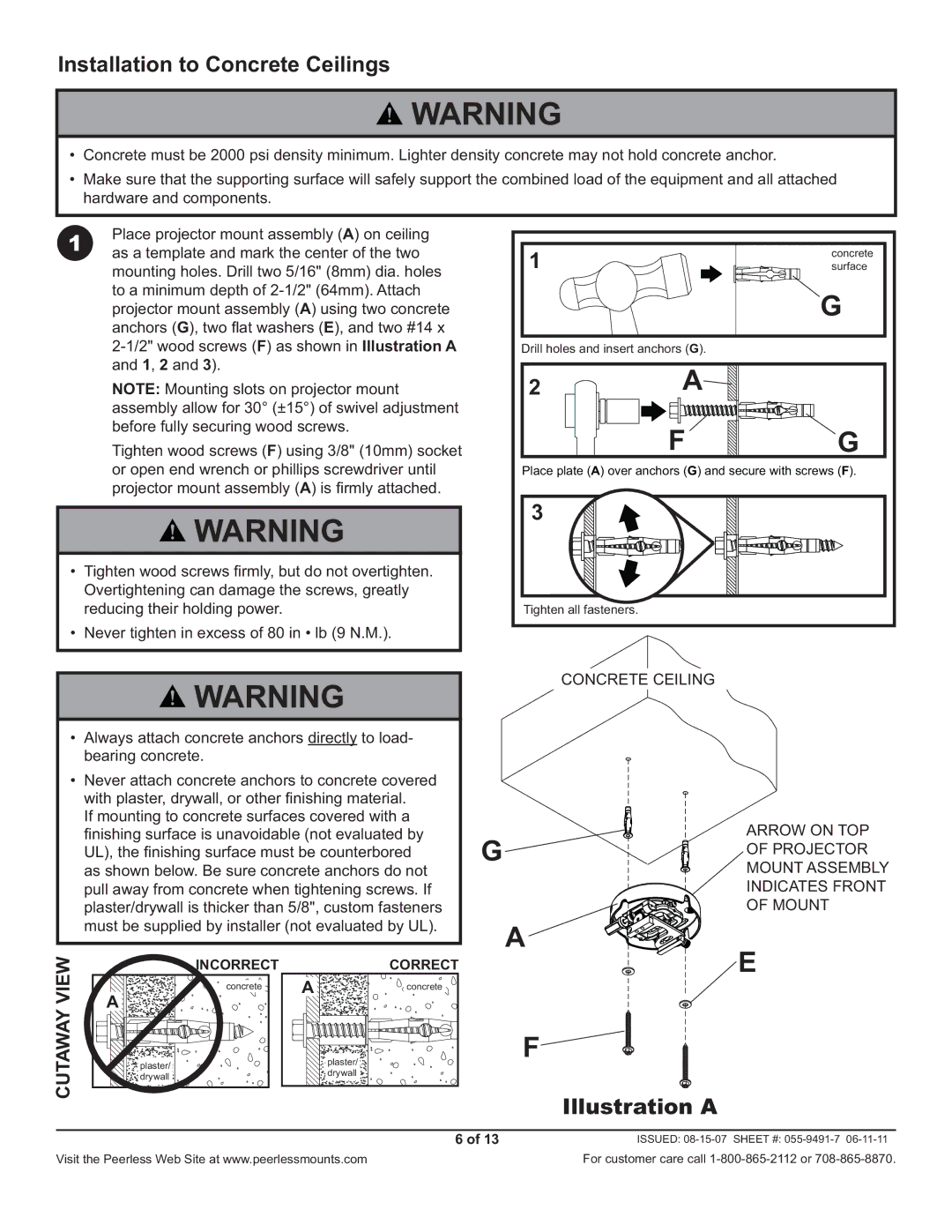 Peerless Industries PRG-1S, PRG-1W manual Installation to Concrete Ceilings, Illustration a 