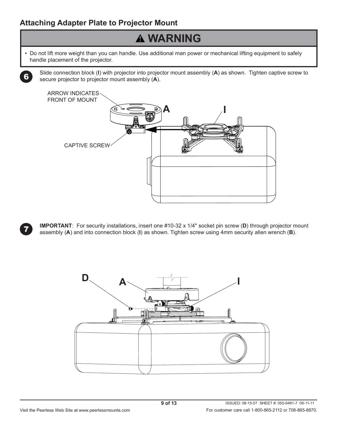 Peerless Industries PRG-1S manual Attaching Adapter Plate to Projector Mount, Arrow Indicates Front of Mount Captive Screw 