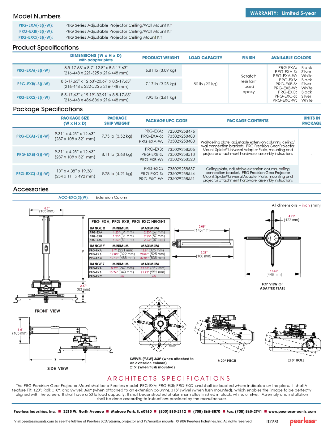 Peerless Industries PRG-EXB, PRG-EXC, PRG-EXA manual Model Numbers, Product Specifications, Package Specifications 