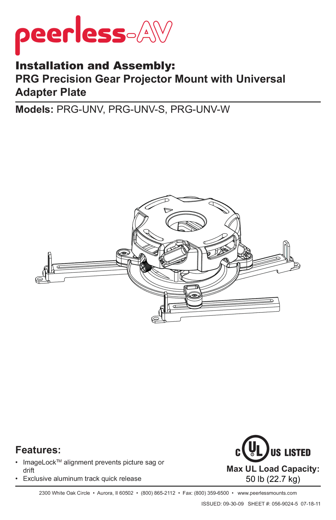 Peerless Industries PRG-UNV-W, PRG-UNV-S manual Features, Max UL Load Capacity 