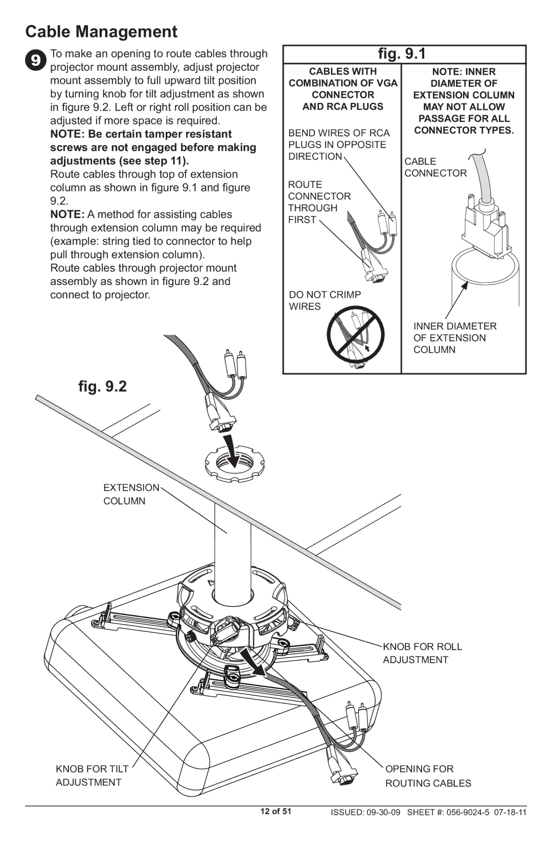 Peerless Industries PRG-UNV-S, PRG-UNV-W manual Cable Management, Mount assembly to full upward tilt position 