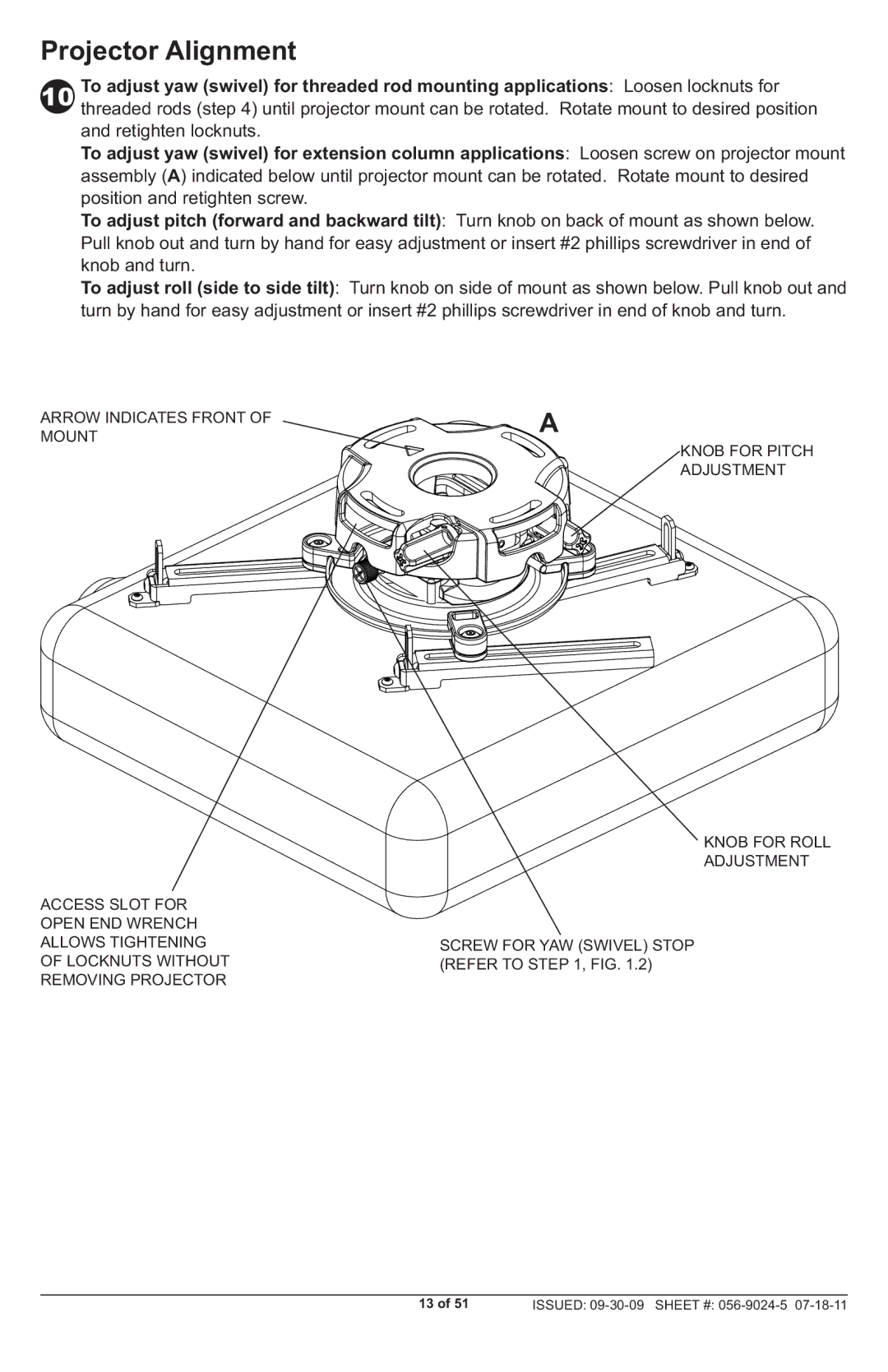 Peerless Industries PRG-UNV-W, PRG-UNV-S manual Projector Alignment 