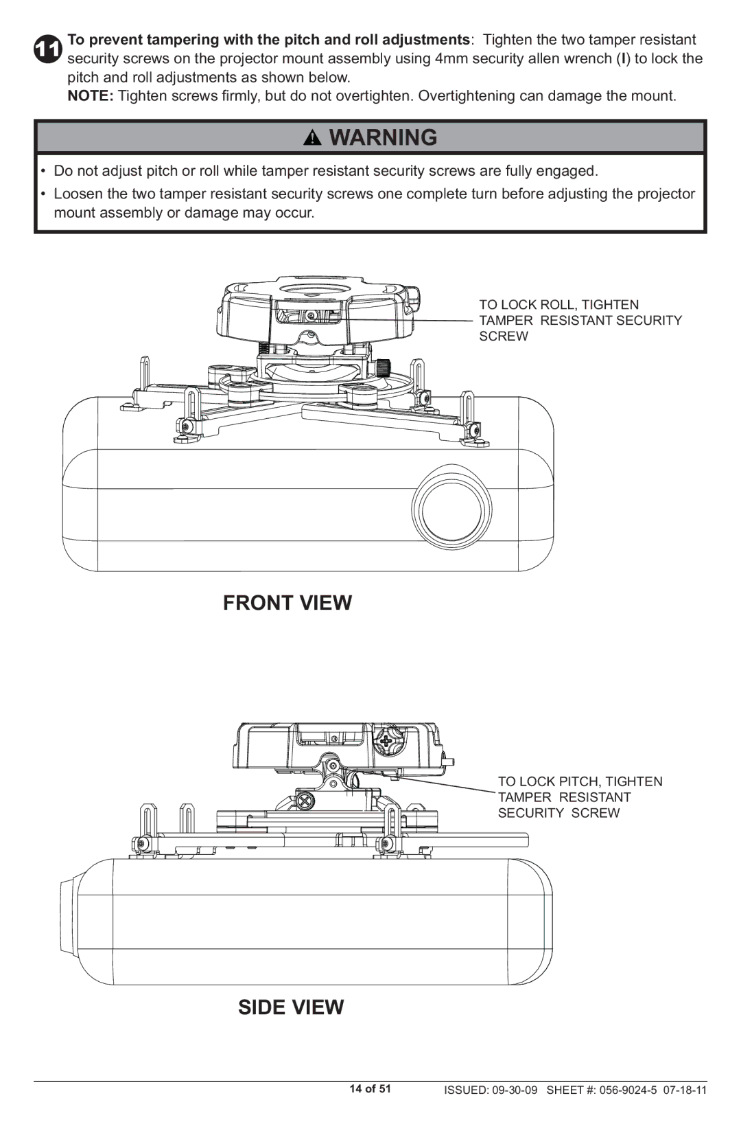 Peerless Industries PRG-UNV-S, PRG-UNV-W manual Front View 