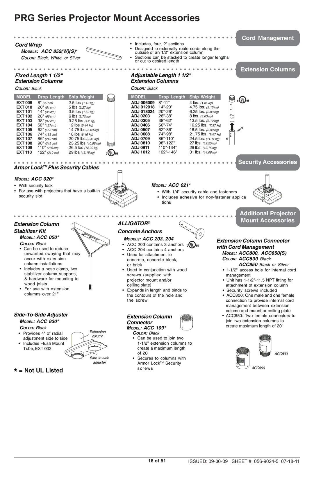 Peerless Industries PRG-UNV-W, PRG-UNV-S manual Cord Management 