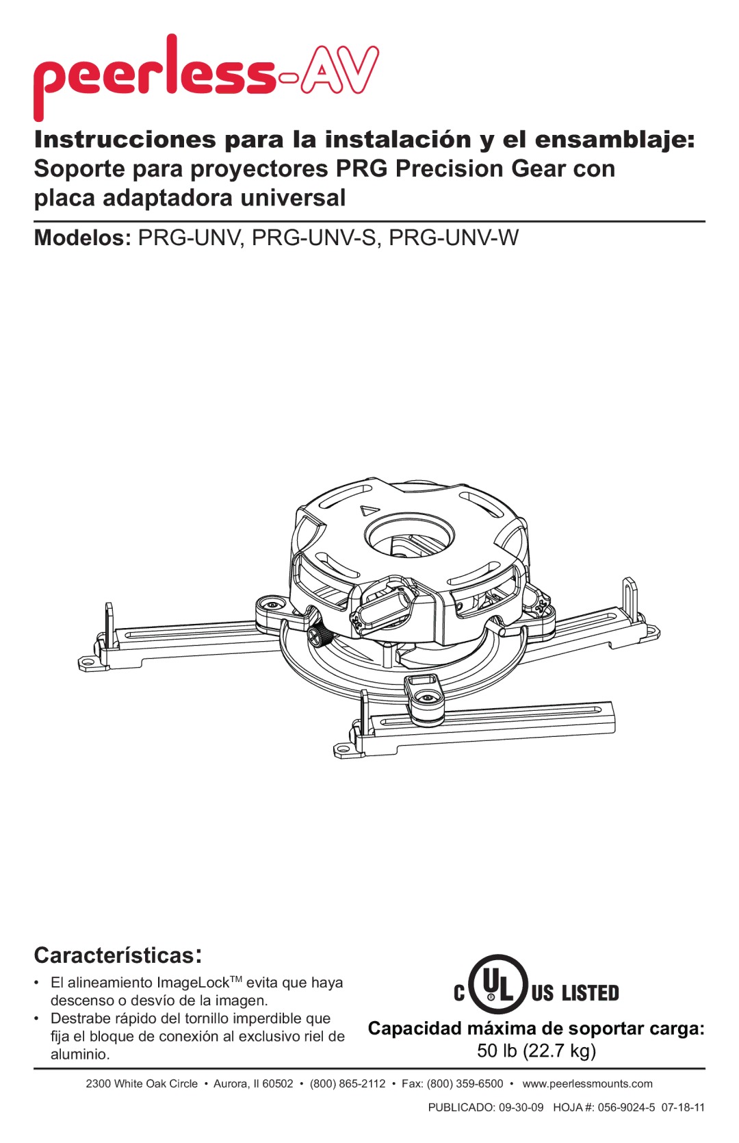 Peerless Industries PRG-UNV-S, PRG-UNV-W manual Características, Capacidad máxima de soportar carga 