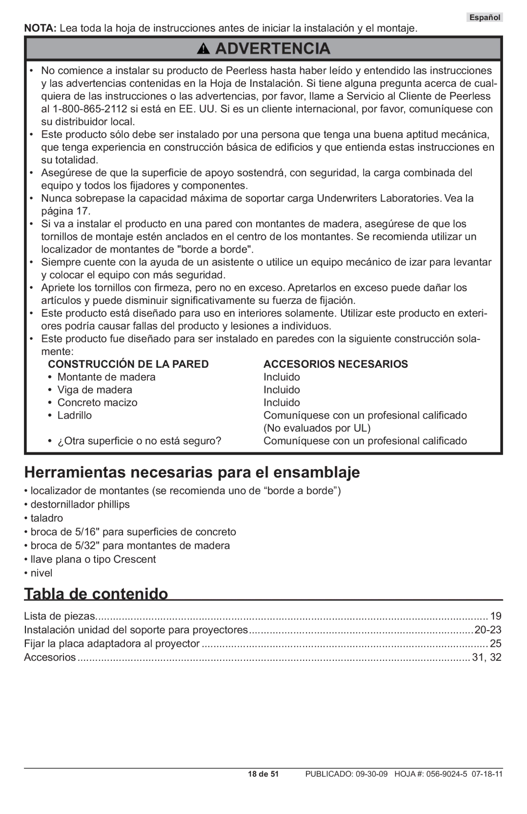 Peerless Industries PRG-UNV-S, PRG-UNV-W manual Herramientas necesarias para el ensamblaje, Tabla de contenido 