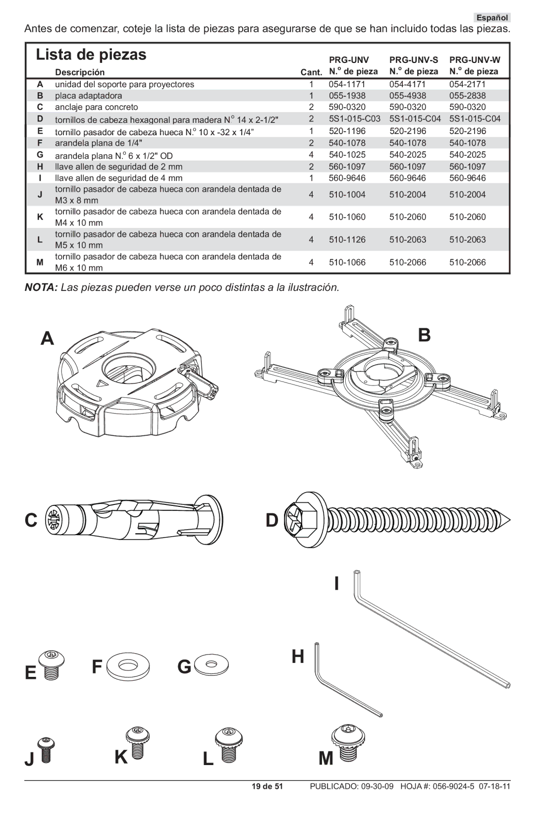 Peerless Industries PRG-UNV-W, PRG-UNV-S manual Lista de piezas, Descripción Cant. N.o de pieza De pieza 