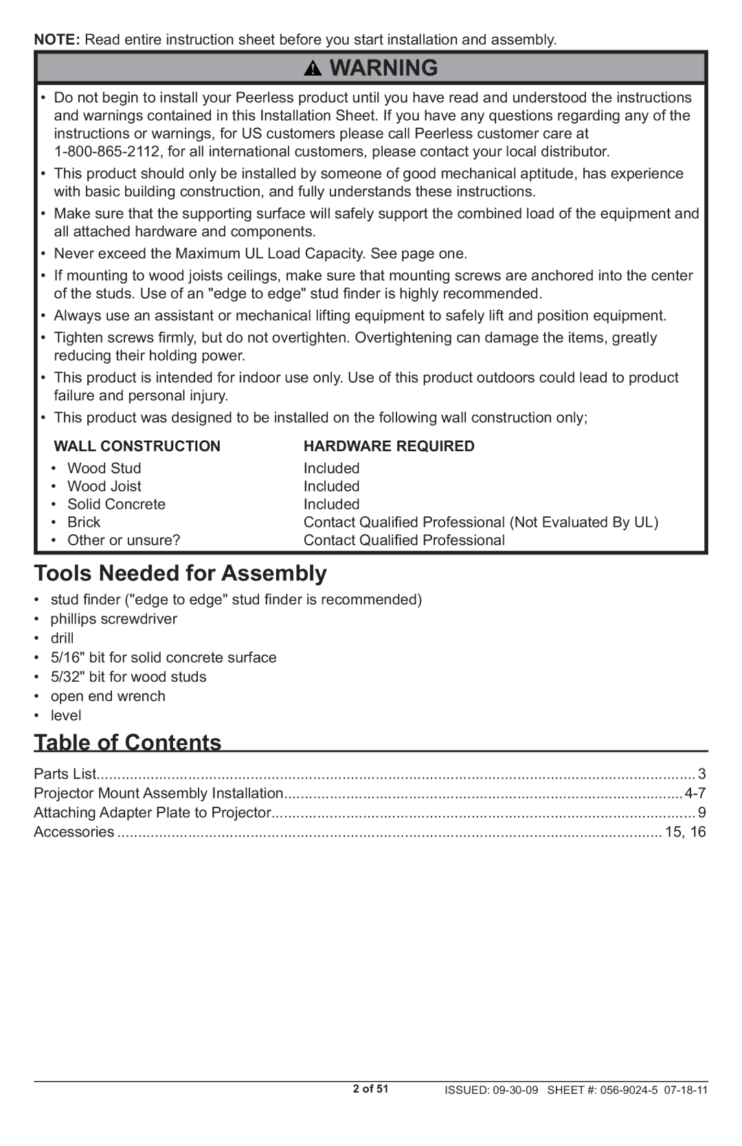 Peerless Industries PRG-UNV-S, PRG-UNV-W manual Tools Needed for Assembly, Table of Contents 