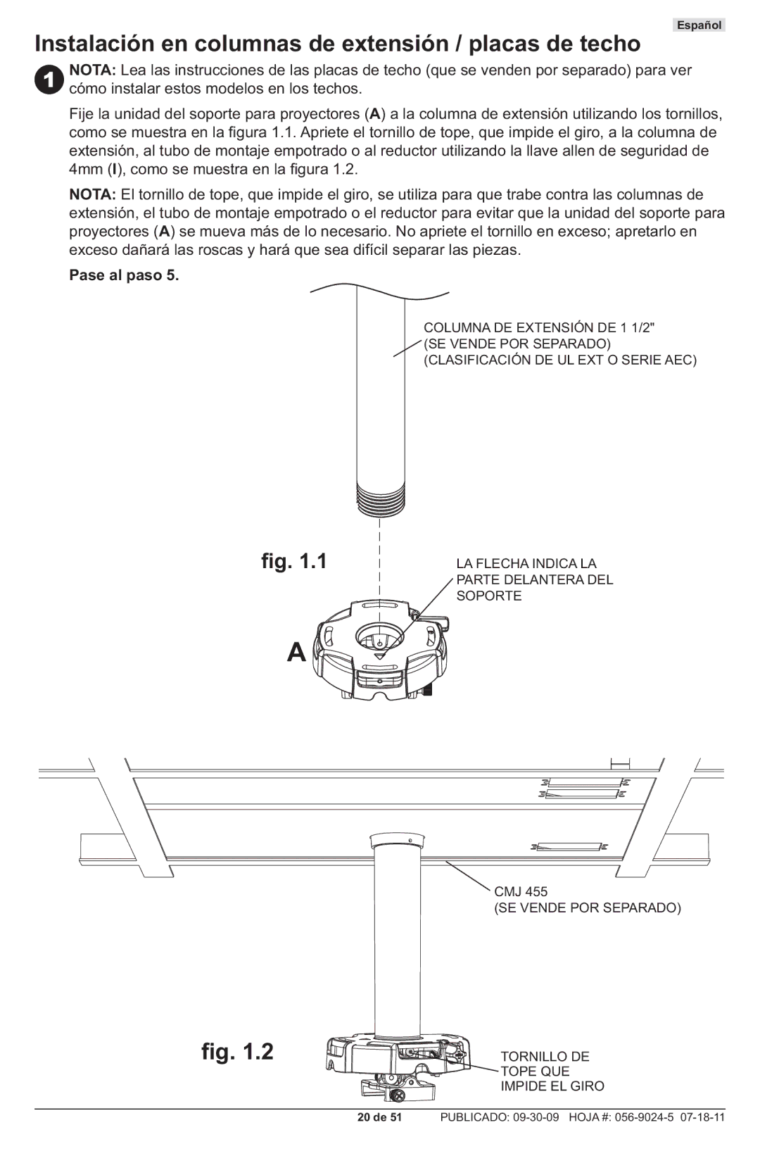 Peerless Industries PRG-UNV-S, PRG-UNV-W manual Instalación en columnas de extensión / placas de techo, Pase al paso 