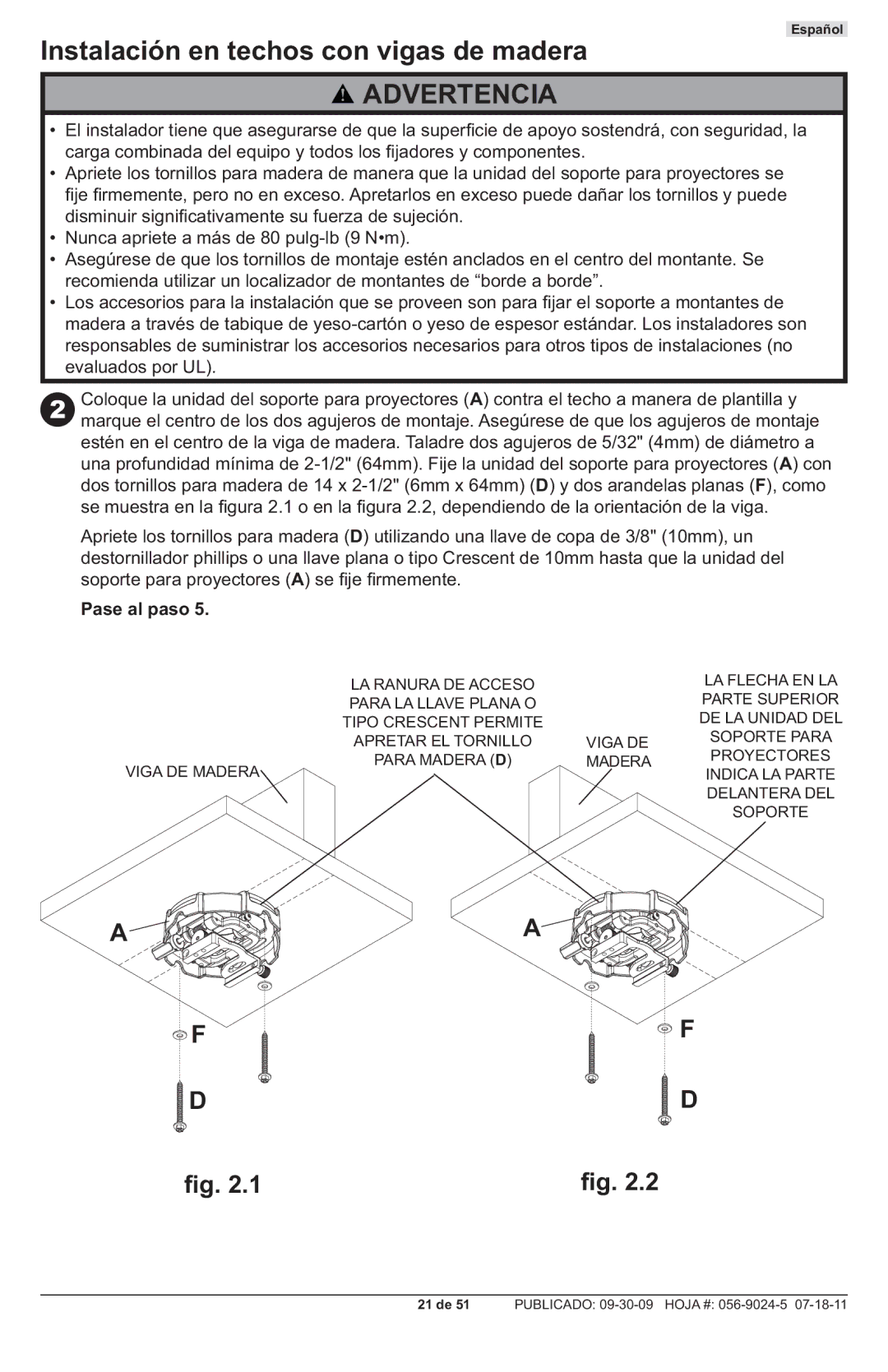 Peerless Industries PRG-UNV-S, PRG-UNV-W manual Instalación en techos con vigas de madera 