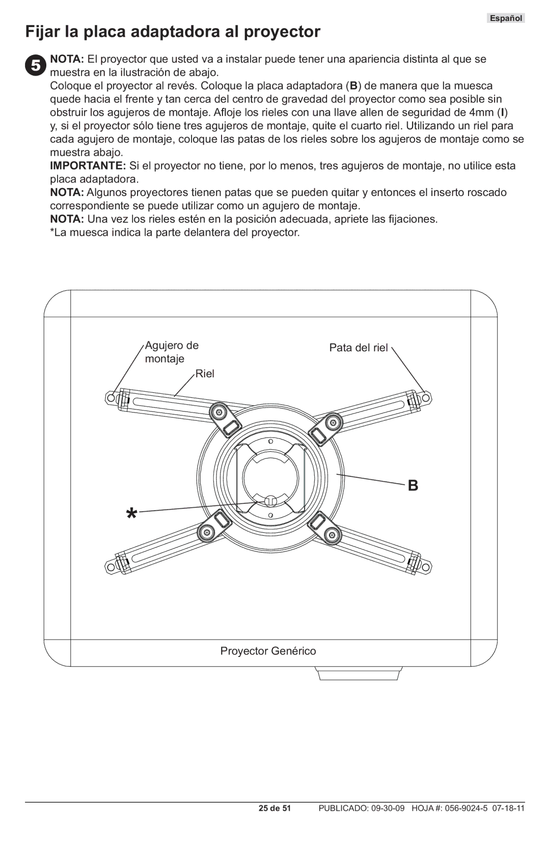 Peerless Industries PRG-UNV-W, PRG-UNV-S manual Fijar la placa adaptadora al proyector 