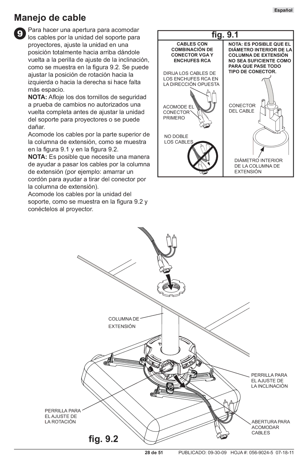 Peerless Industries PRG-UNV-W, PRG-UNV-S manual Manejo de cable, Conéctelos al proyector 