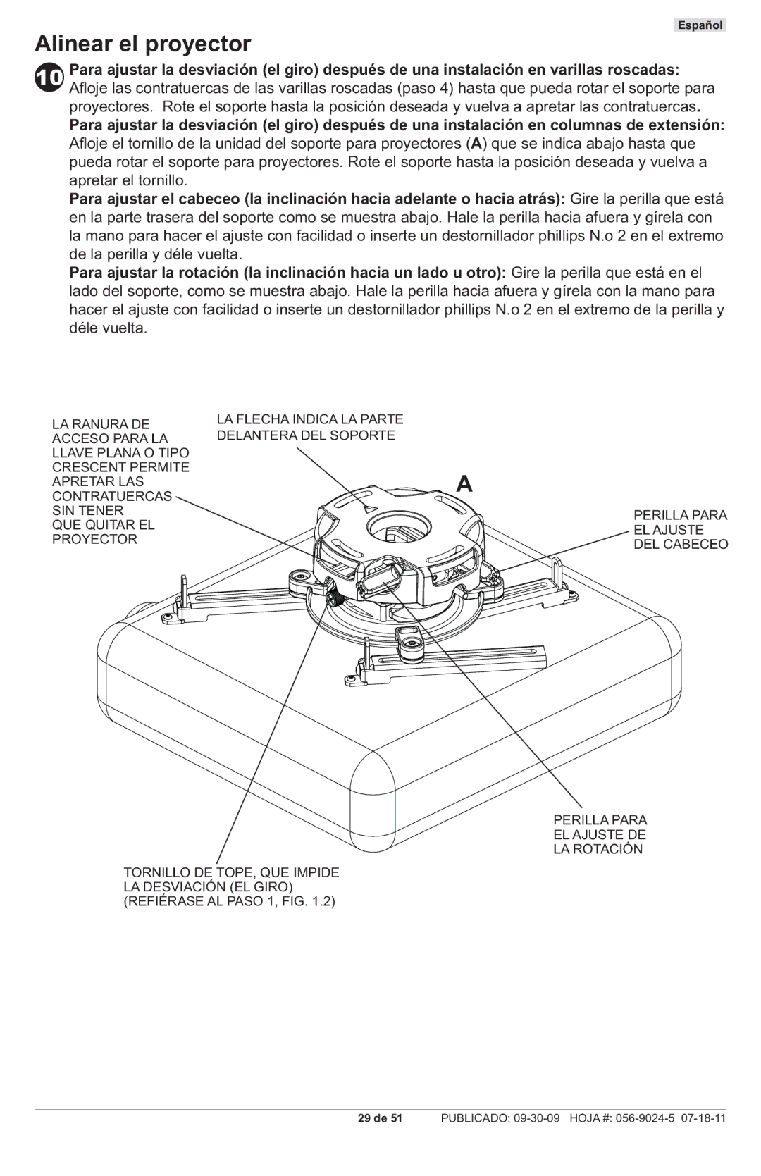 Peerless Industries PRG-UNV-S, PRG-UNV-W manual Alinear el proyector 