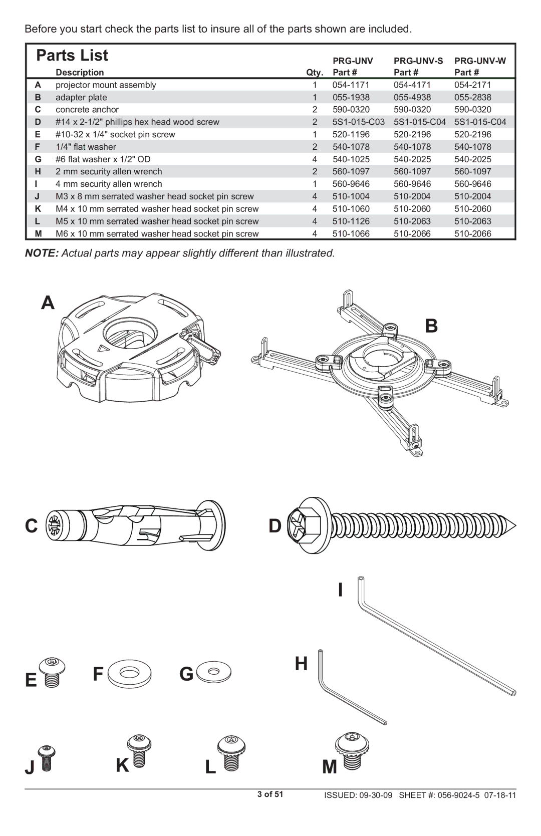 Peerless Industries PRG-UNV-S, PRG-UNV-W manual Parts List, Prg-Unv Prg-Unv-S Prg-Unv-W 