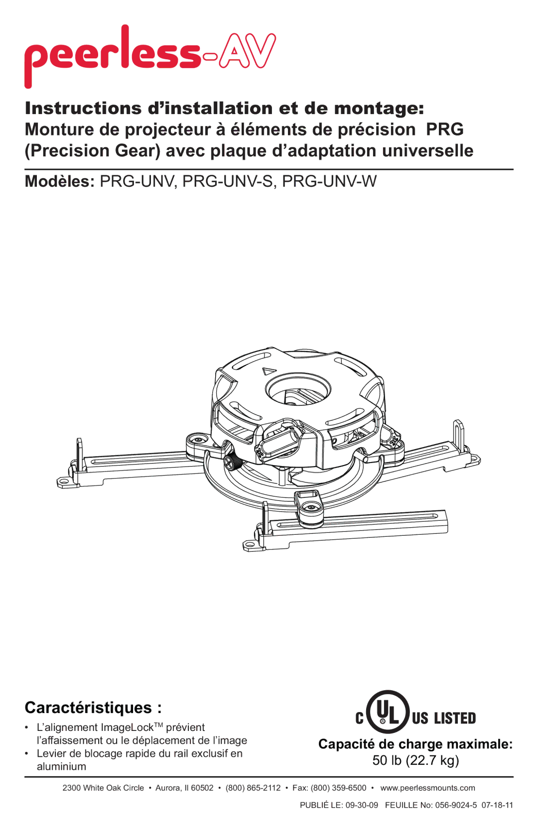 Peerless Industries PRG-UNV-S, PRG-UNV-W manual Caractéristiques 