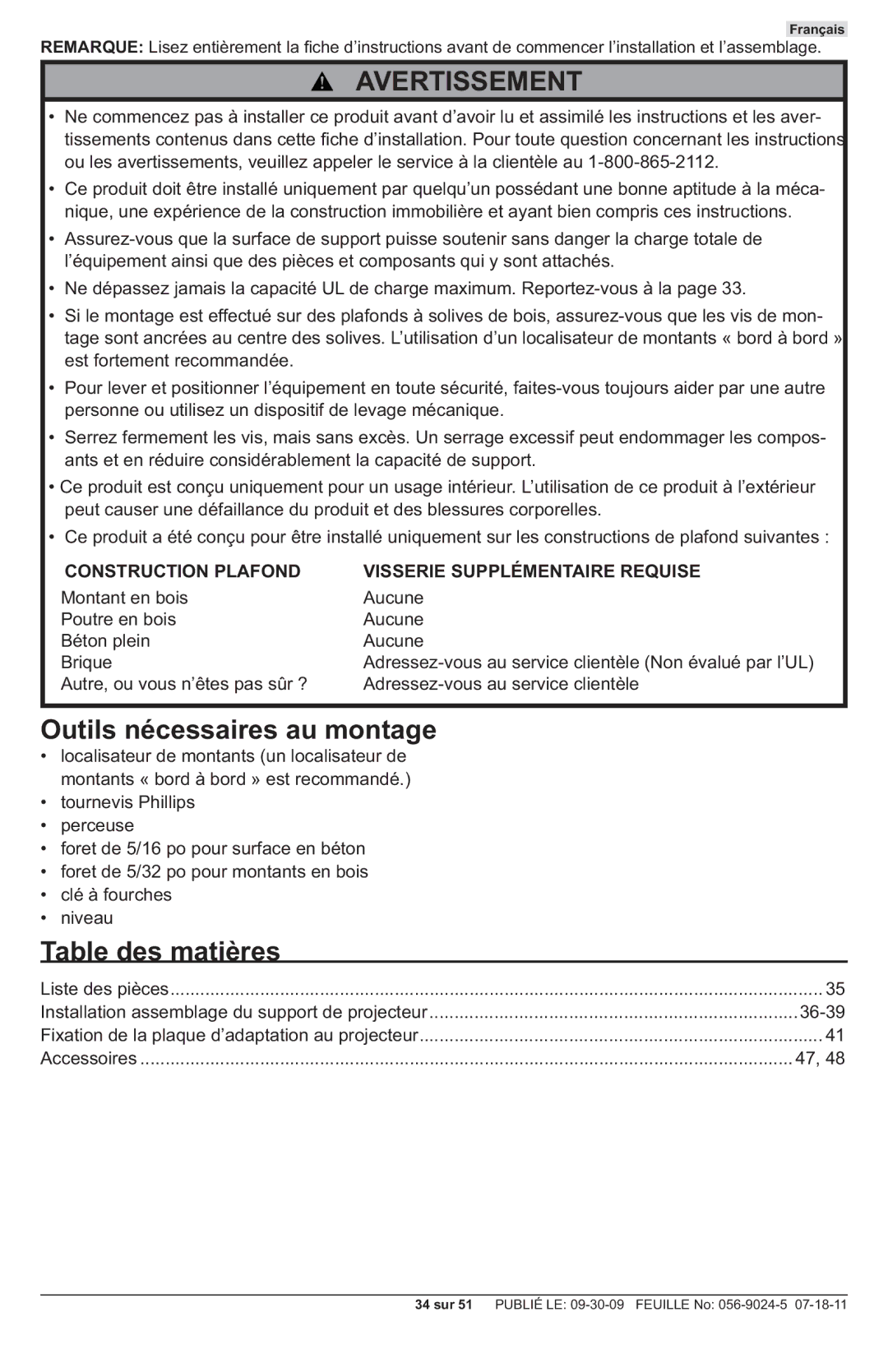 Peerless Industries PRG-UNV-W, PRG-UNV-S manual Outils nécessaires au montage, Table des matières 