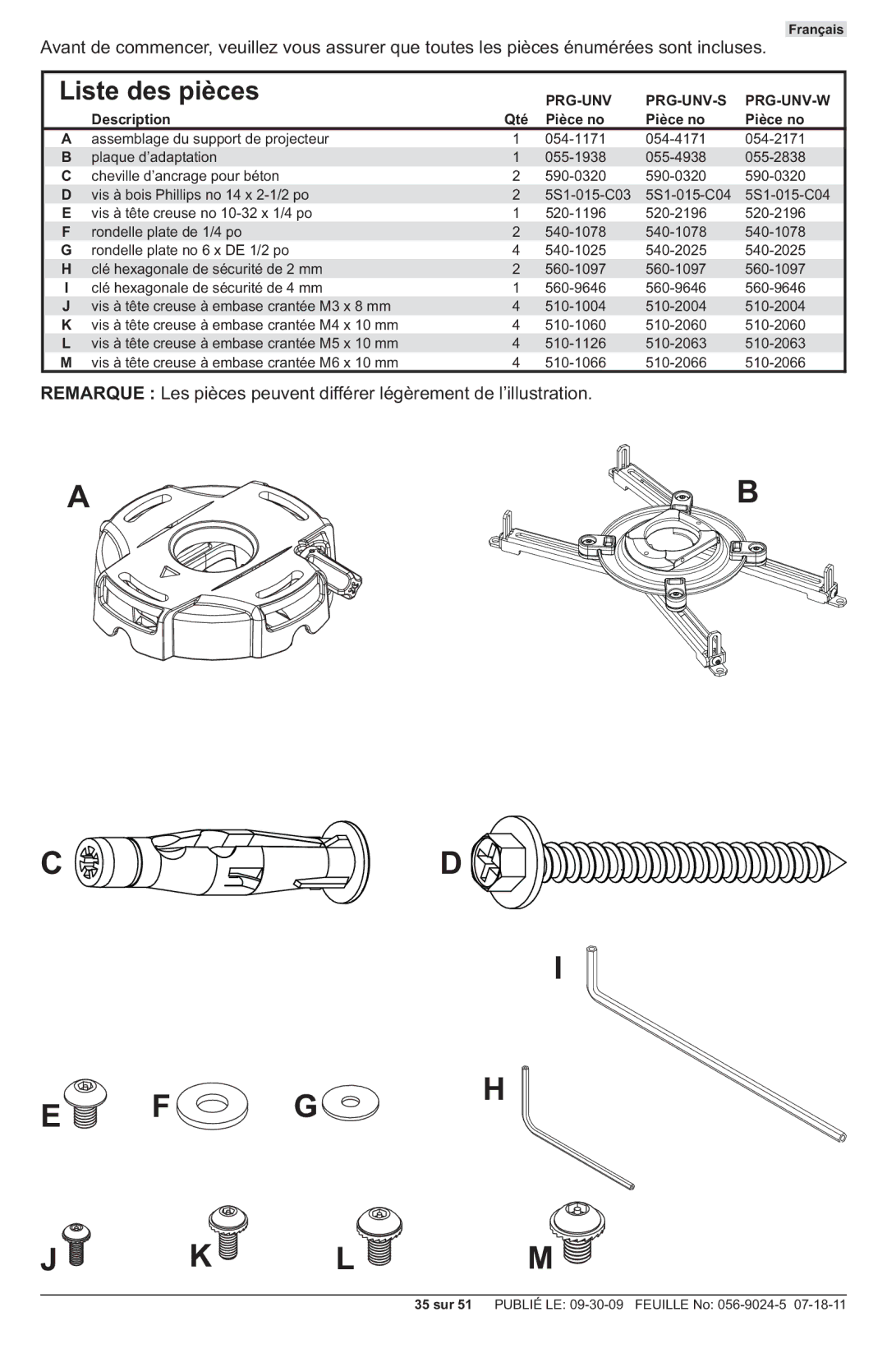 Peerless Industries PRG-UNV-S, PRG-UNV-W manual Liste des pièces, Pièce no 