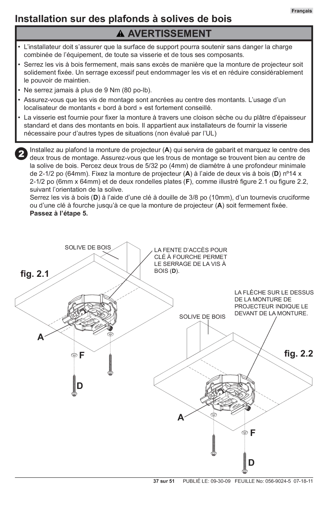 Peerless Industries PRG-UNV-W, PRG-UNV-S manual Installation sur des plafonds à solives de bois 