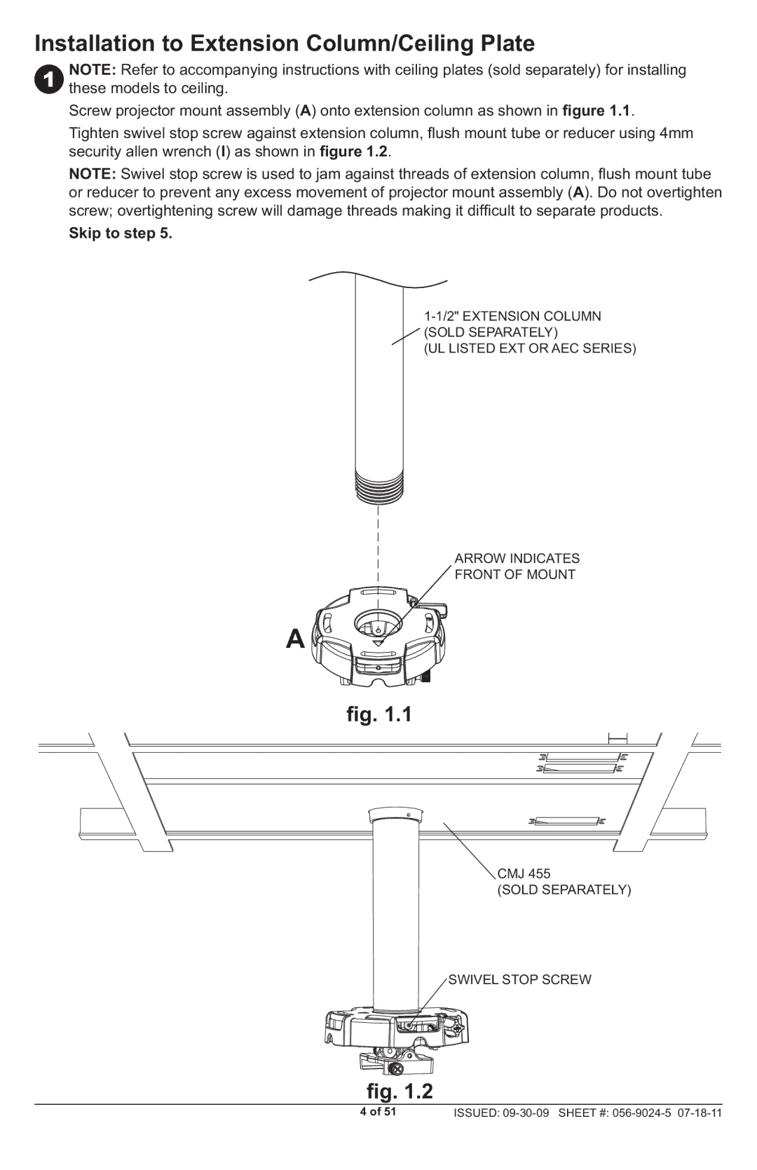 Peerless Industries PRG-UNV-W, PRG-UNV-S manual Installation to Extension Column/Ceiling Plate, Skip to step 