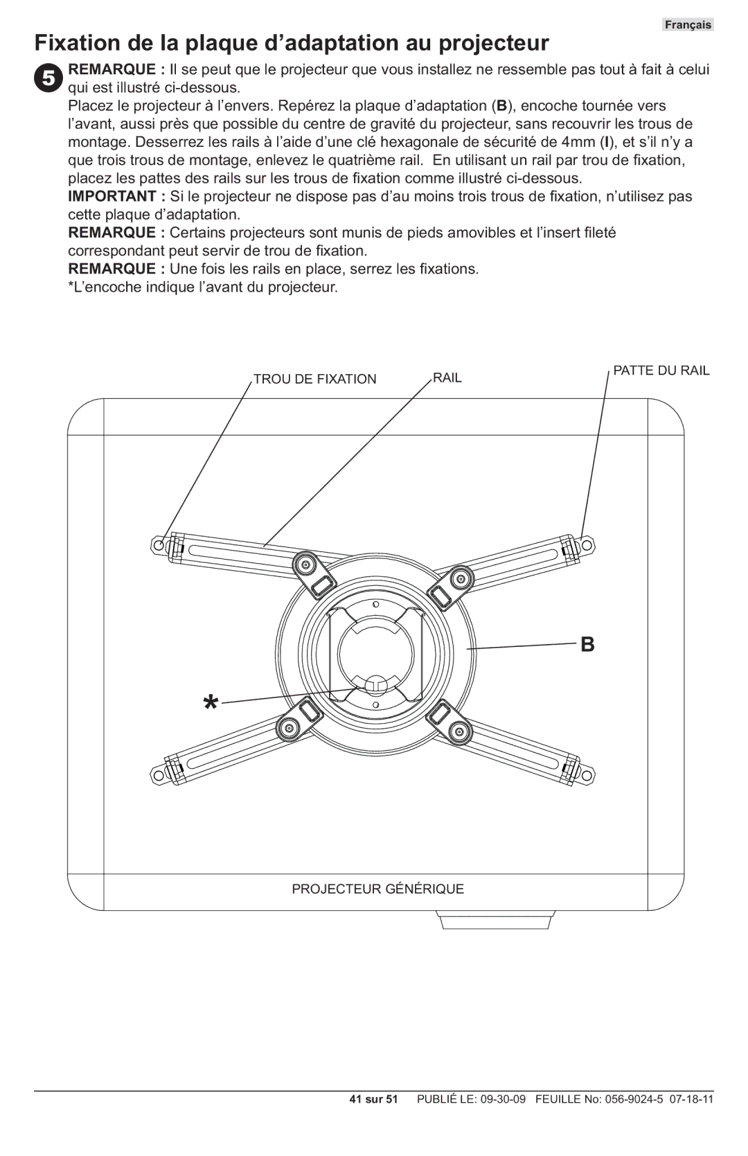 Peerless Industries PRG-UNV-S, PRG-UNV-W manual Fixation de la plaque d’adaptation au projecteur 