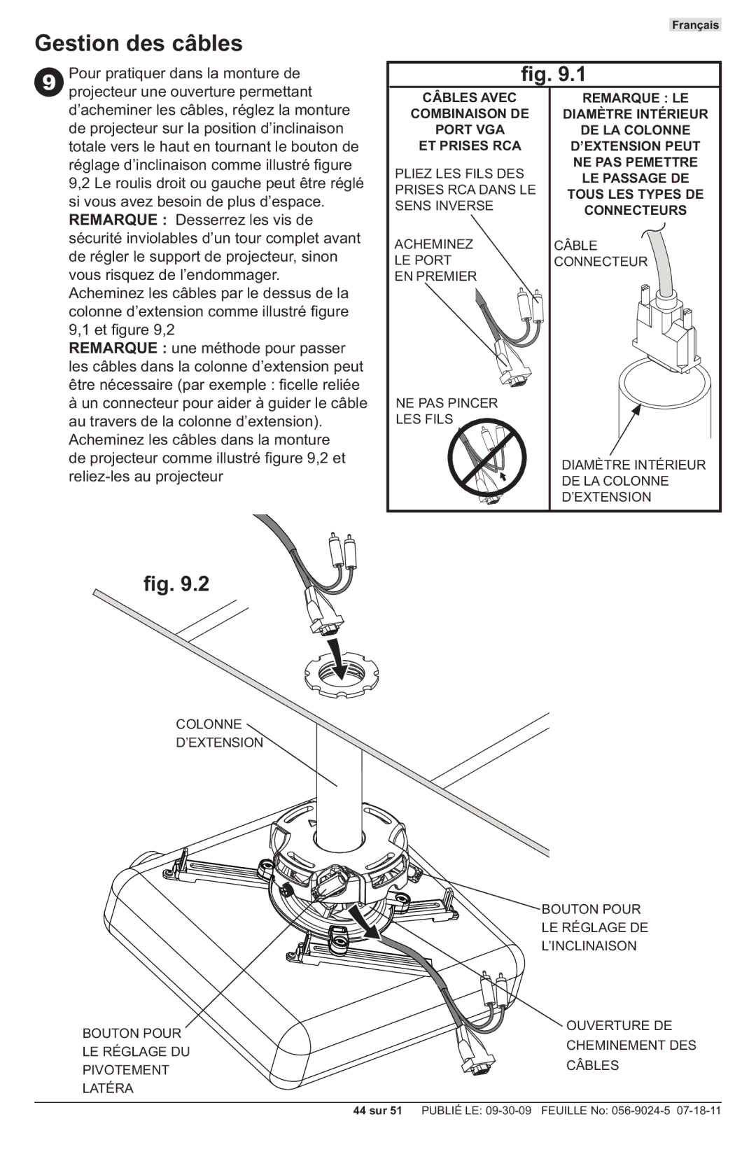 Peerless Industries PRG-UNV-S, PRG-UNV-W manual Gestion des câbles, Reliez-les au projecteur 