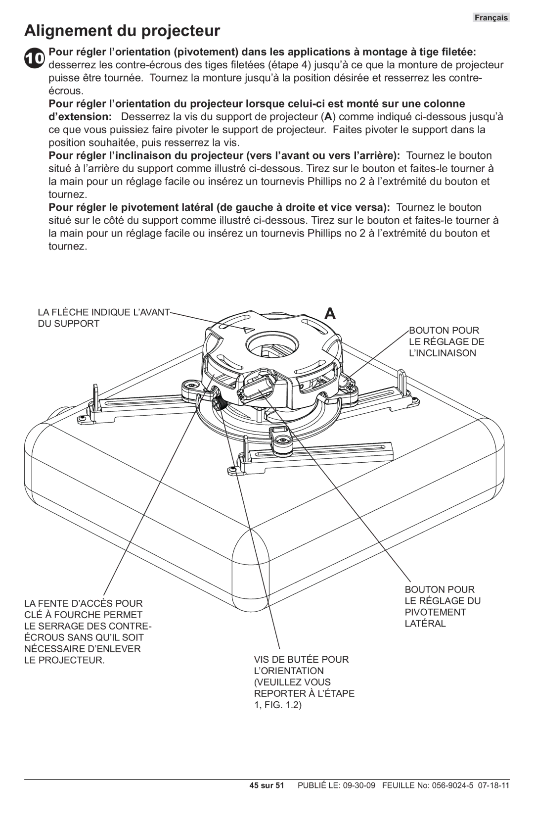 Peerless Industries PRG-UNV-S, PRG-UNV-W manual Alignement du projecteur 