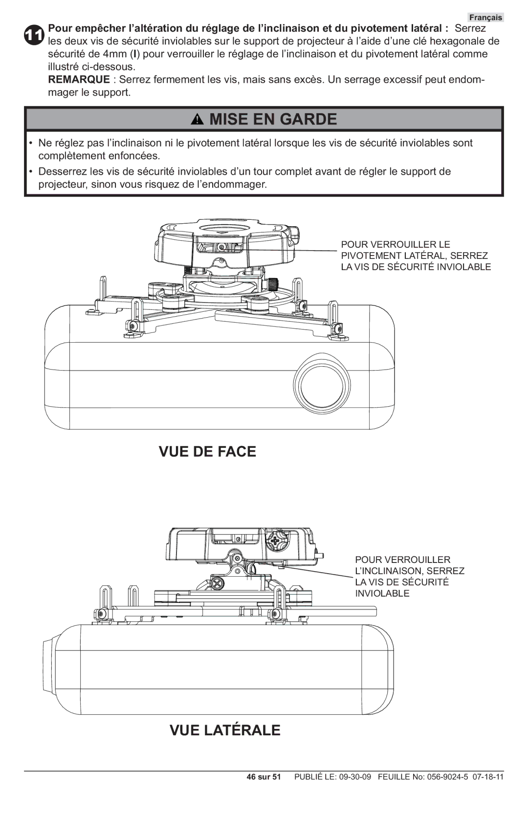 Peerless Industries PRG-UNV-W, PRG-UNV-S manual VUE DE Face 