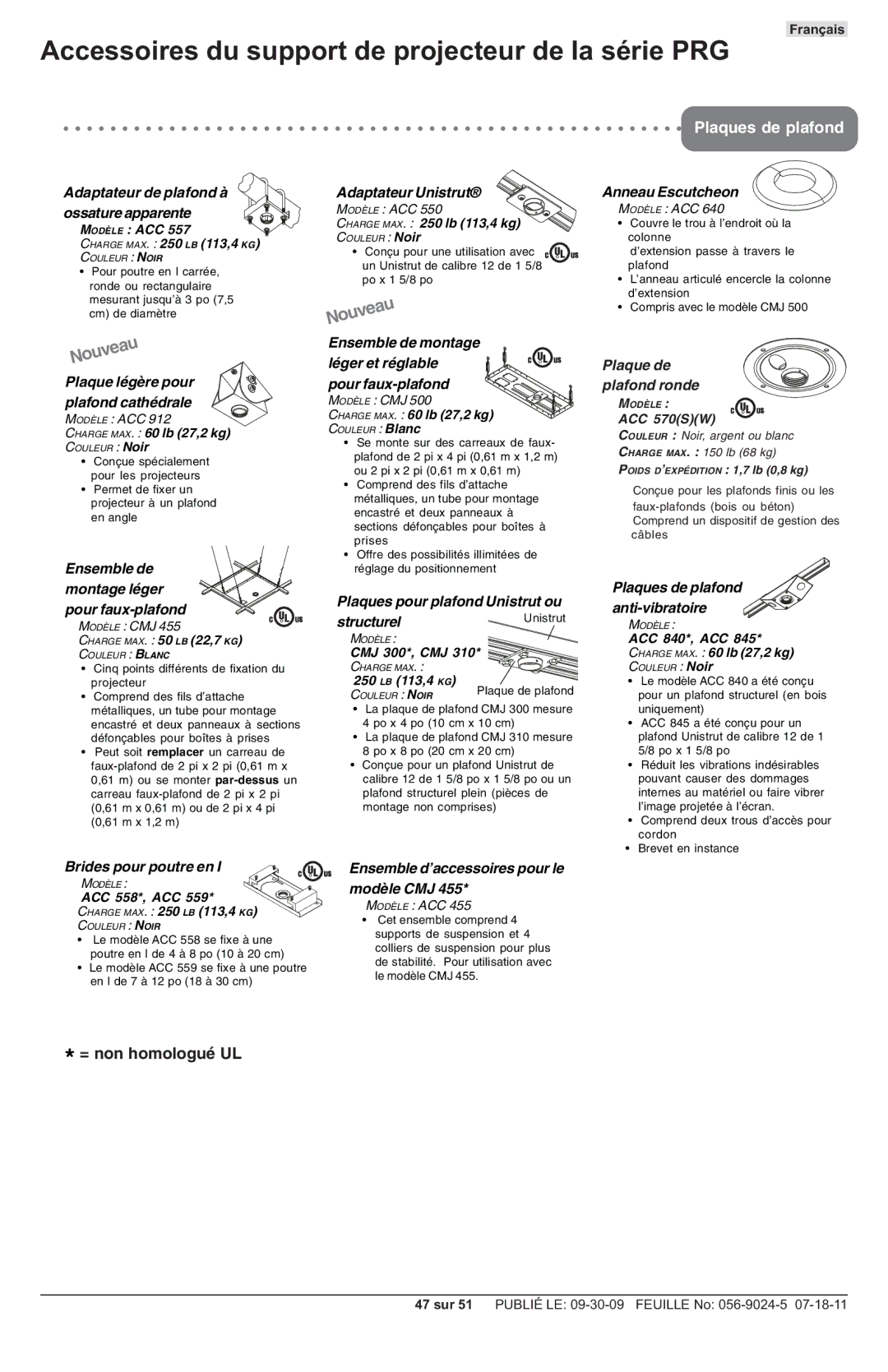 Peerless Industries PRG-UNV-S, PRG-UNV-W manual Accessoires du support de projecteur de la série PRG 