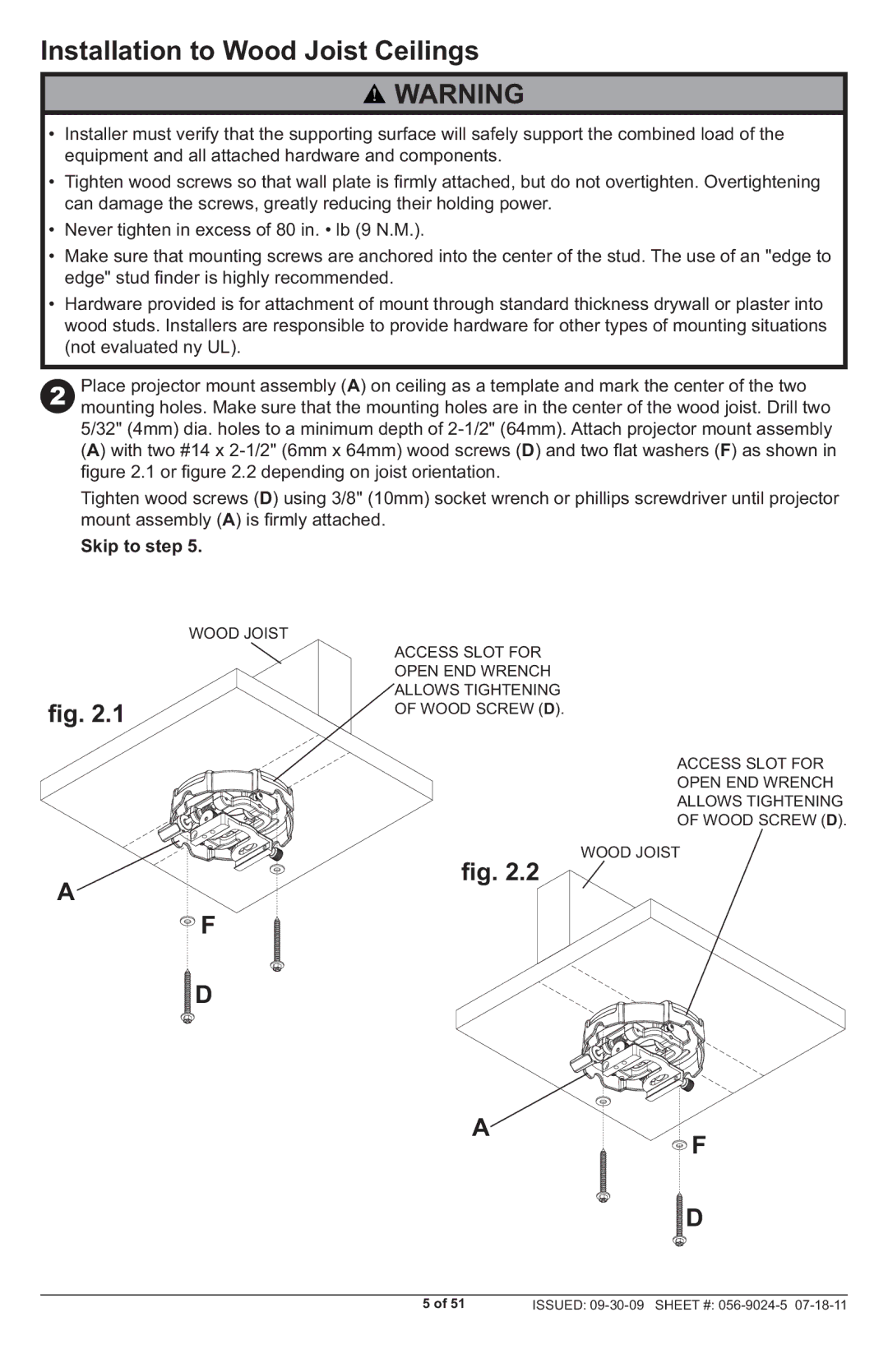 Peerless Industries PRG-UNV-S, PRG-UNV-W manual Installation to Wood Joist Ceilings 