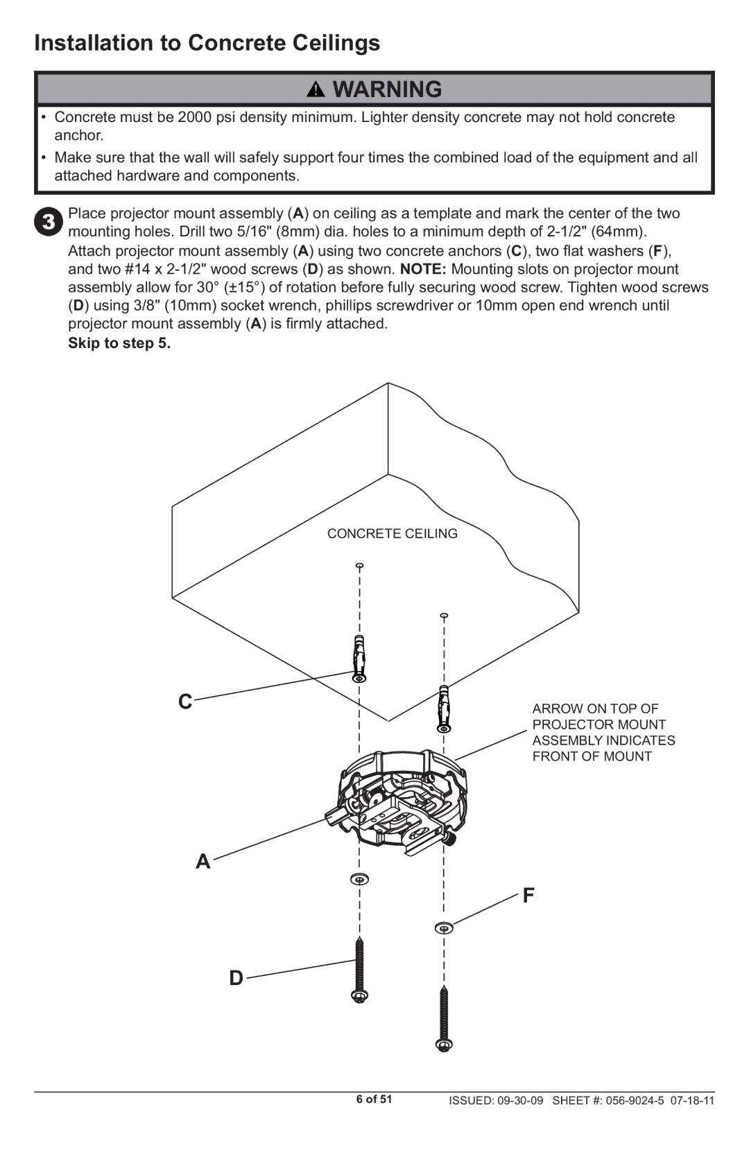 Peerless Industries PRG-UNV-S, PRG-UNV-W manual Installation to Concrete Ceilings 