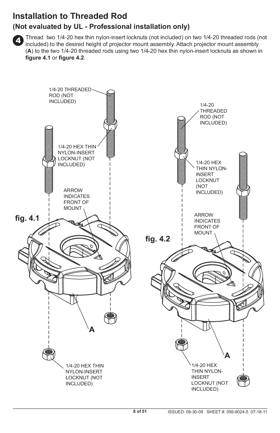 Peerless Industries PRG-UNV-S manual Installation to Threaded Rod, Not evaluated by UL Professional installation only 