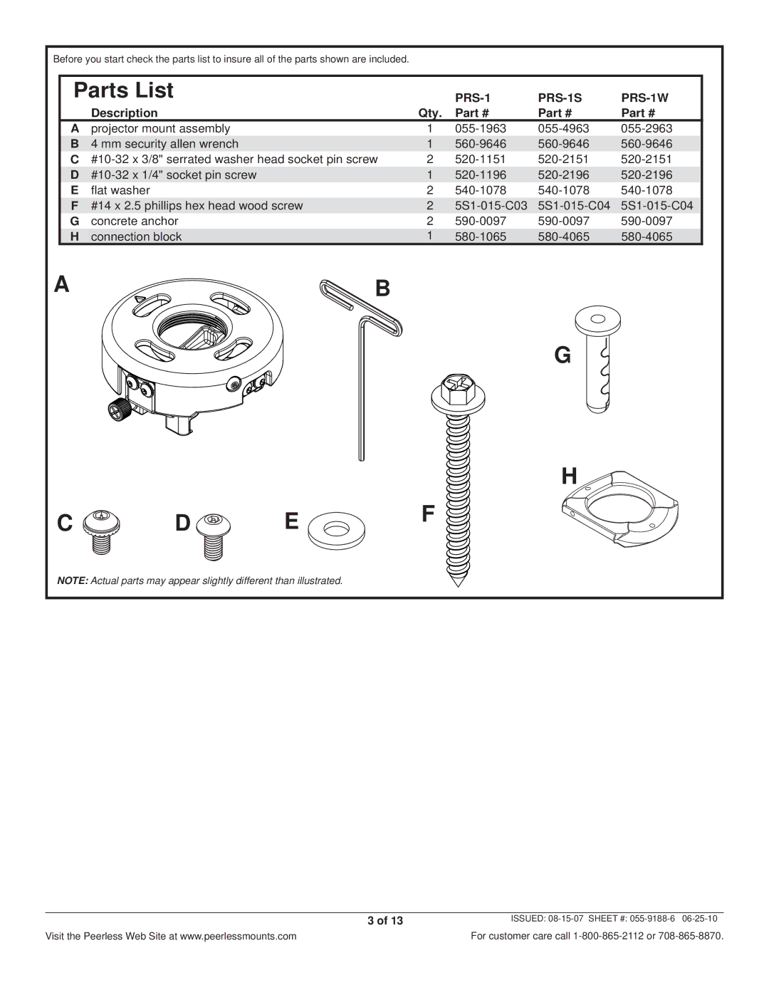 Peerless Industries PRS-1S, PRS-1W manual Parts List 