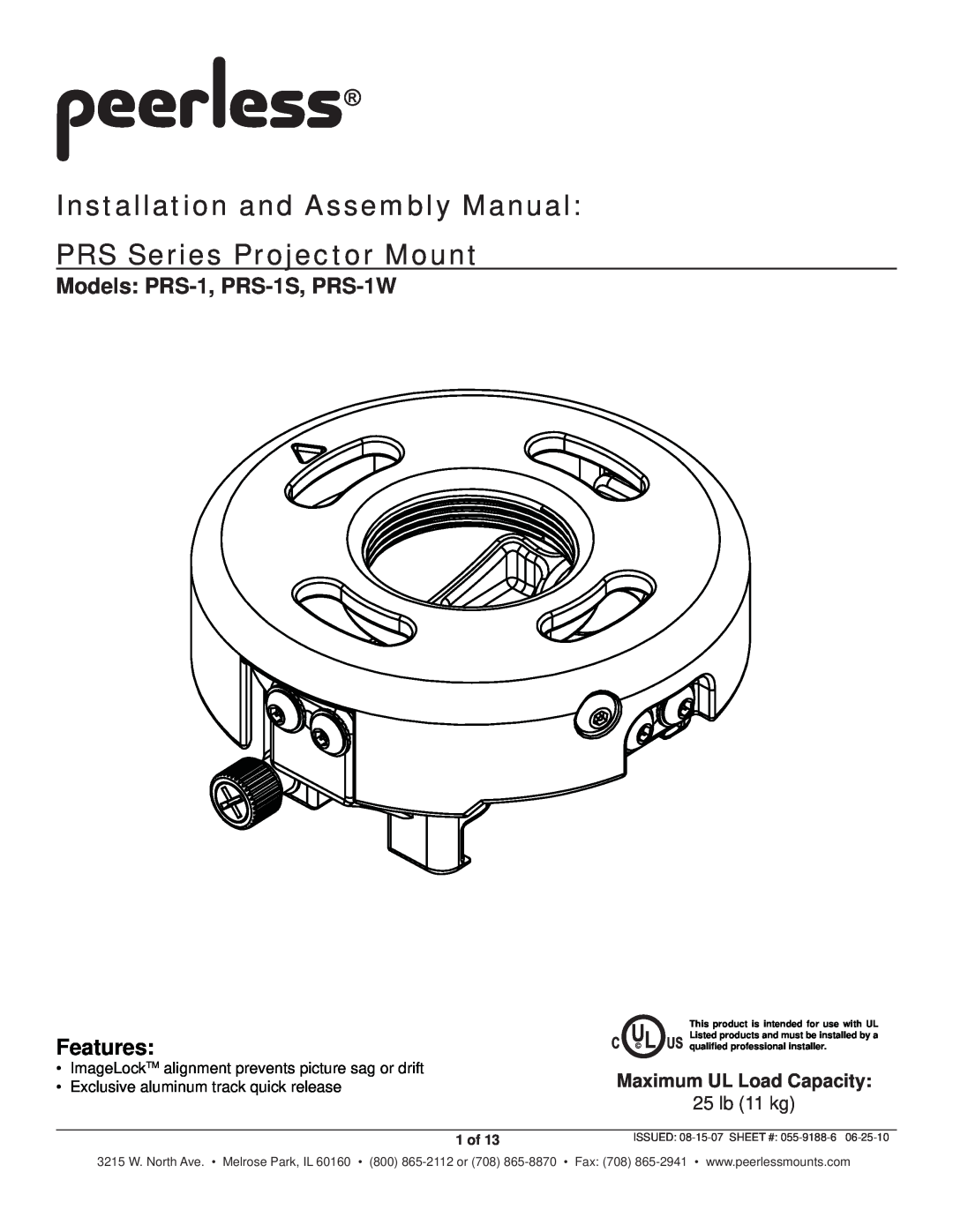 Peerless Industries PRS-1W manual Installation and Assembly Manual PRS Series Projector Mount, Maximum UL Load Capacity 