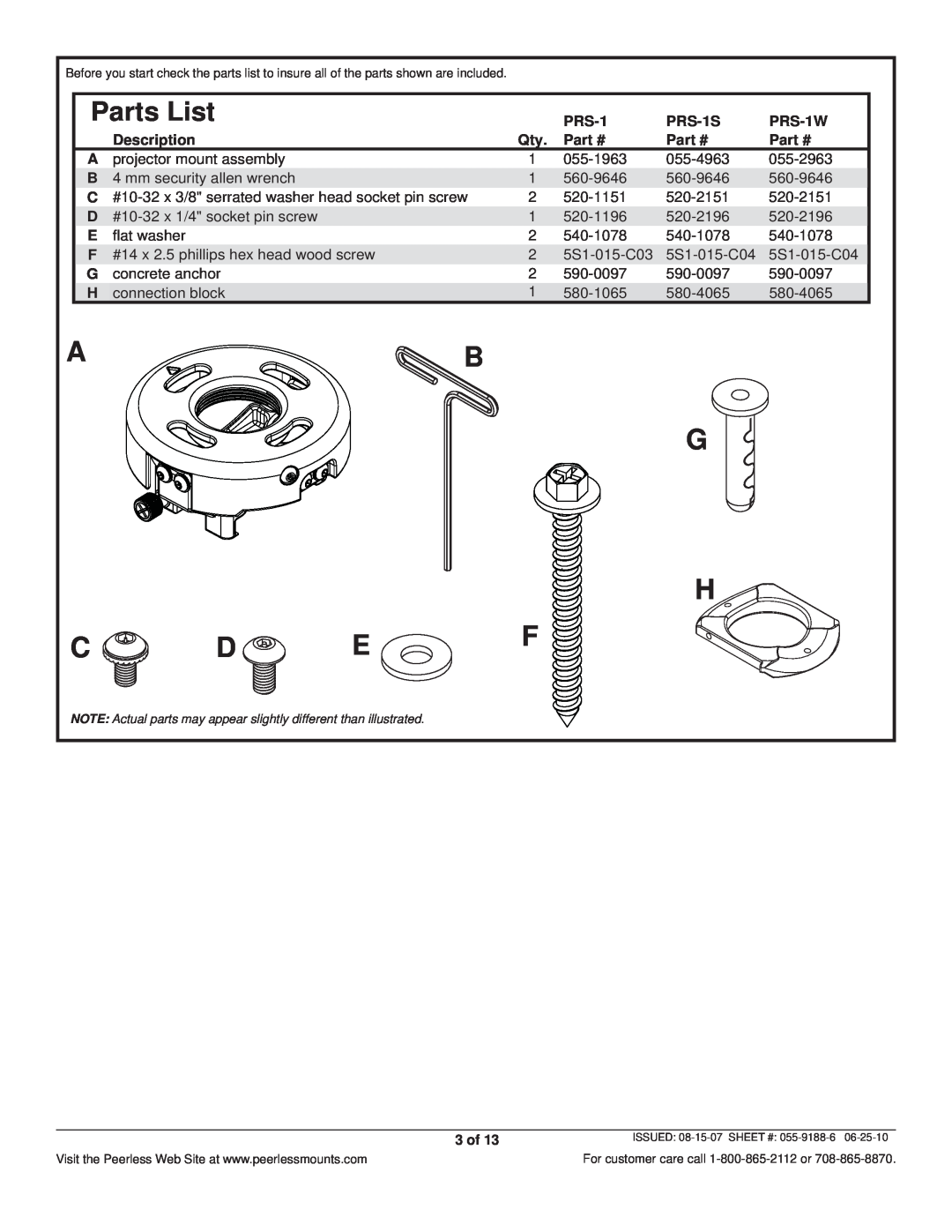 Peerless Industries PRS-1S manual Parts List, PRS-1W, Description, 3 of 