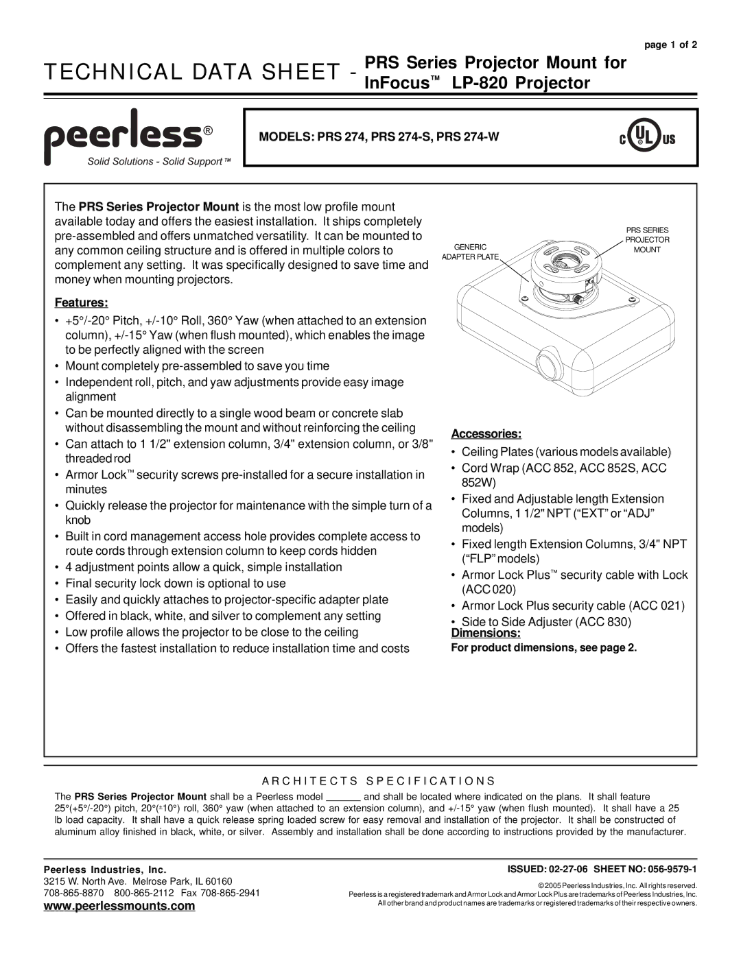 Peerless Industries specifications Models PRS 274, PRS 274-S, PRS 274-W, Features, Accessories, Dimensions 