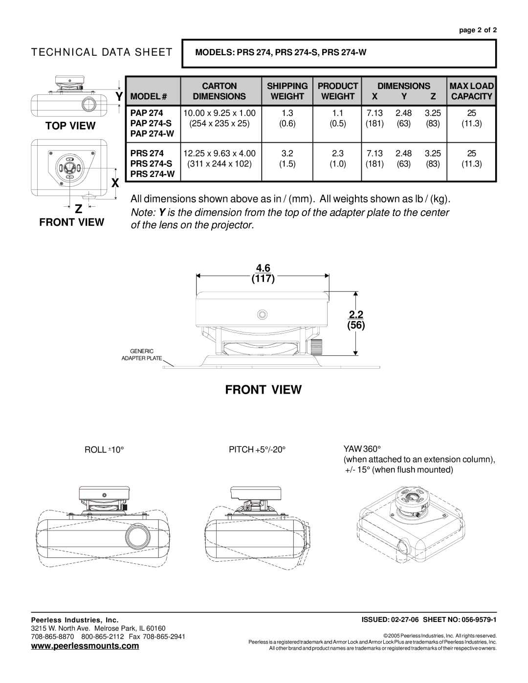 Peerless Industries PRS 274-W specifications Pap, PAP 274-S, PAP 274-W PRS, PRS 274-S 