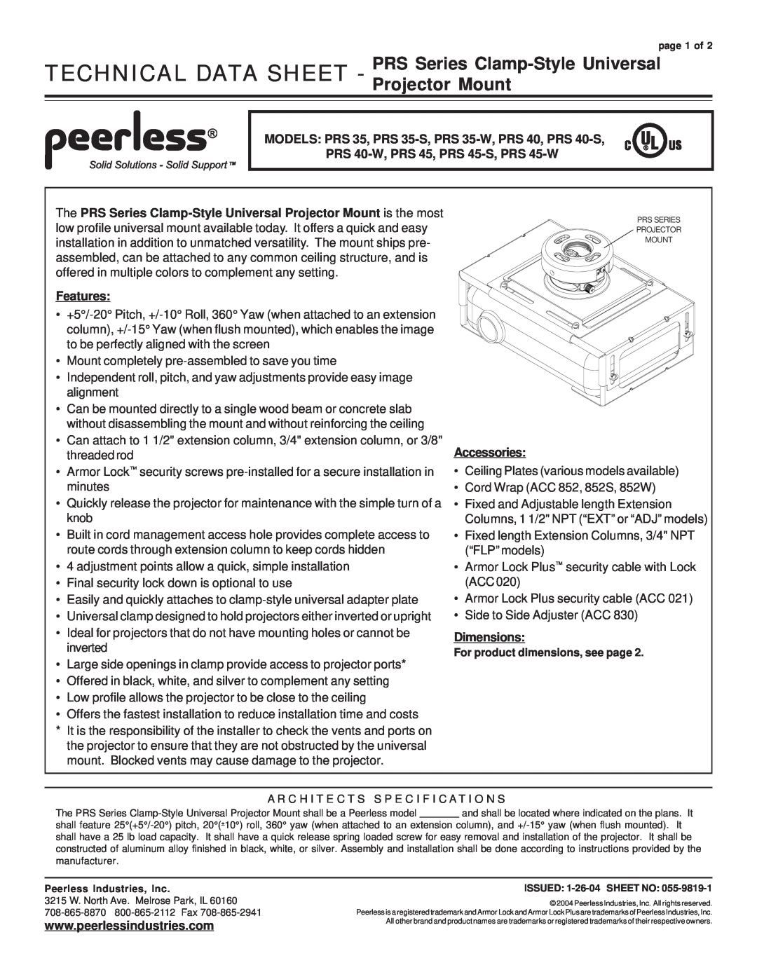 Peerless Industries PRS 45-S, PRS 45-W, PRS 40-W, PRS 35-W, PRS 35-S specifications Features, Accessories, Dimensions 