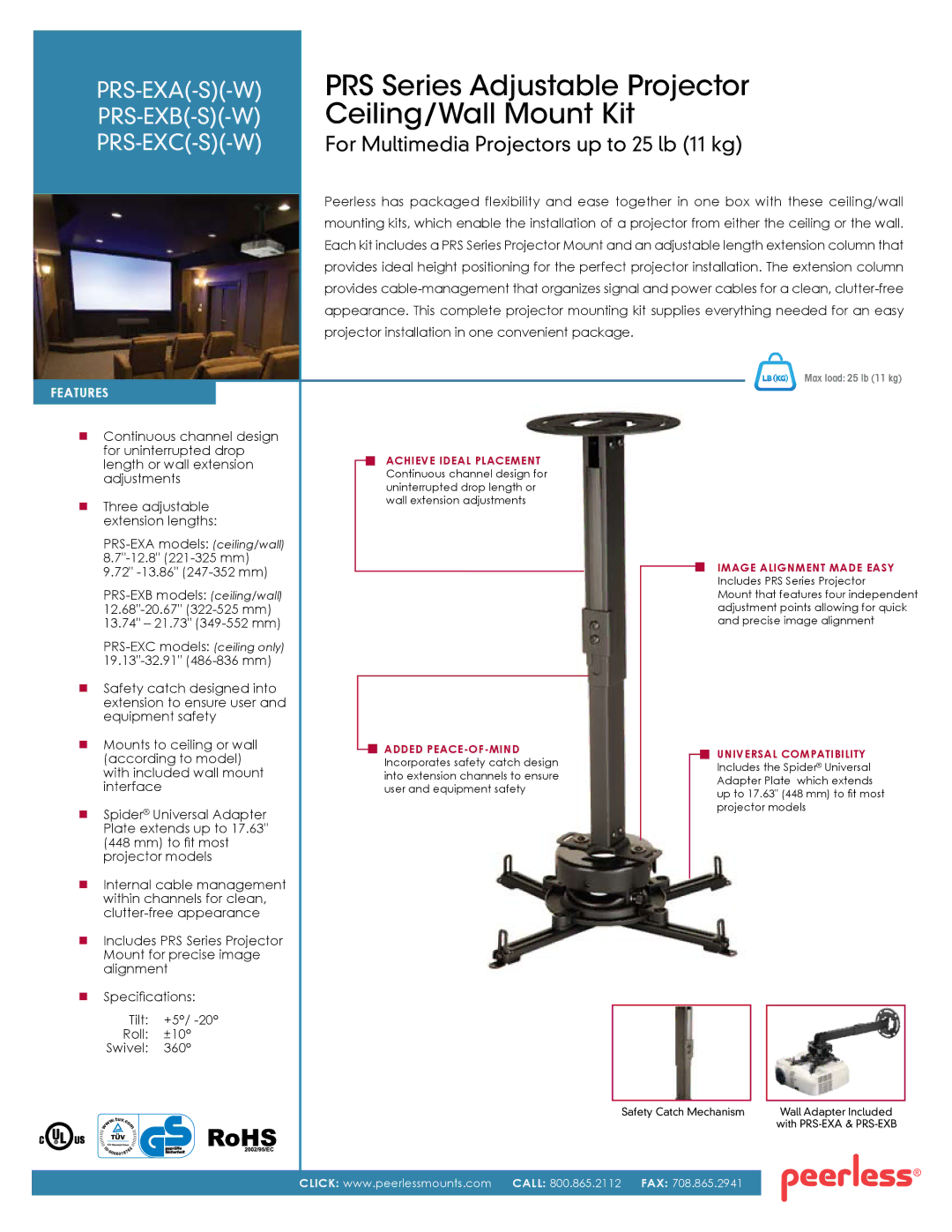 Peerless Industries PRS-EXB(-S)(-W), PRS-EXA(-S)(-W), PRS-EXC(-S)(-W) manual PRS Series Adjustable Projector 