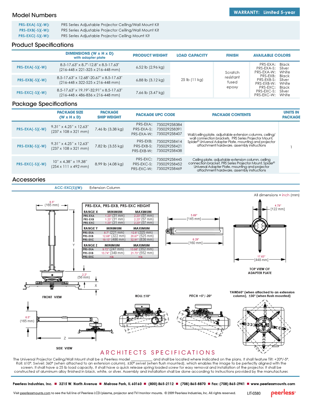 Peerless Industries PRS-EXC(-S)(-W) manual Model Numbers, Product Specifications, Package Specifications, Accessories 